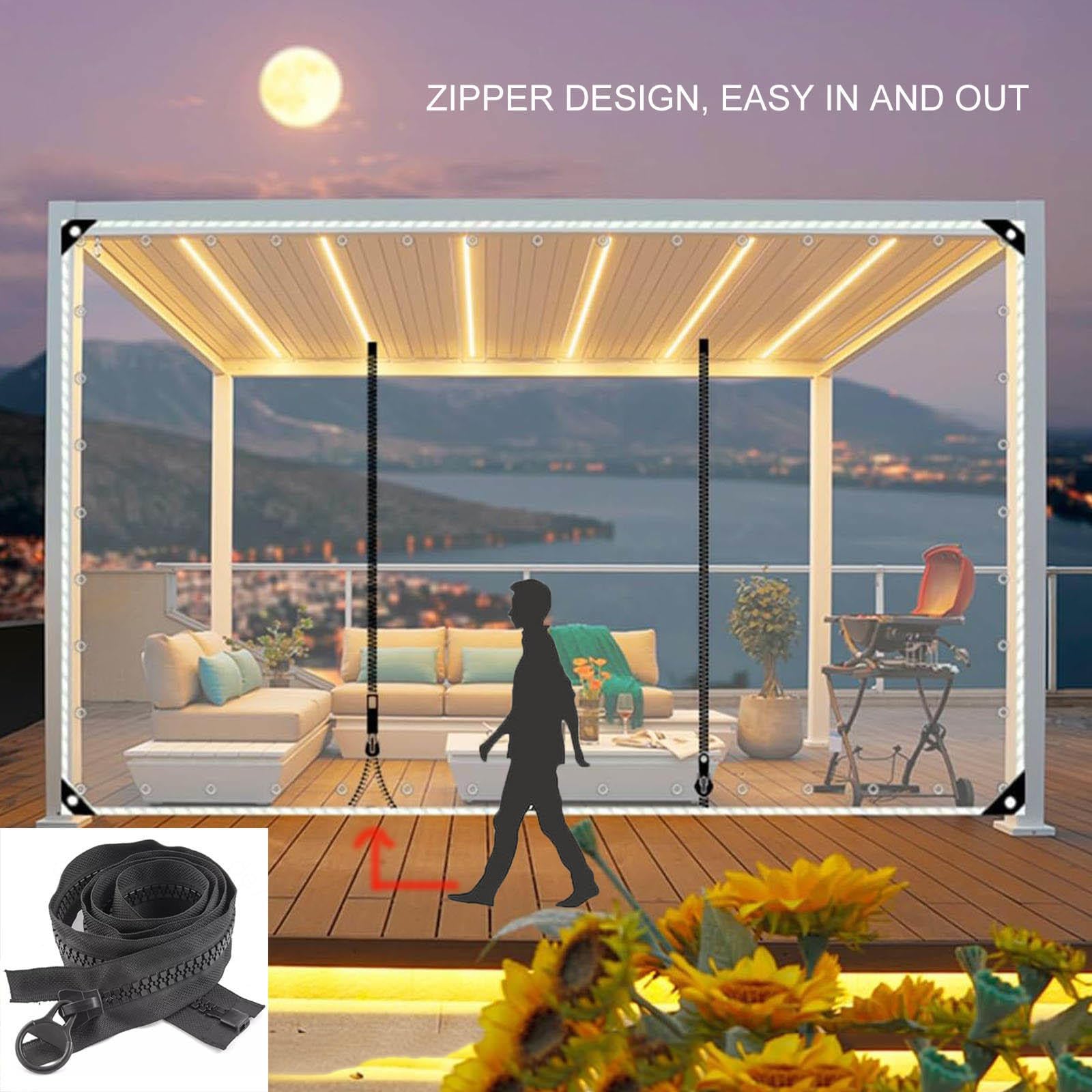 Rideaux D'extérieur En Bâche PVC Transparente - 3x2,5 M, œillets, Fermeture éclair - Protection Pour Pergola, Terrasse