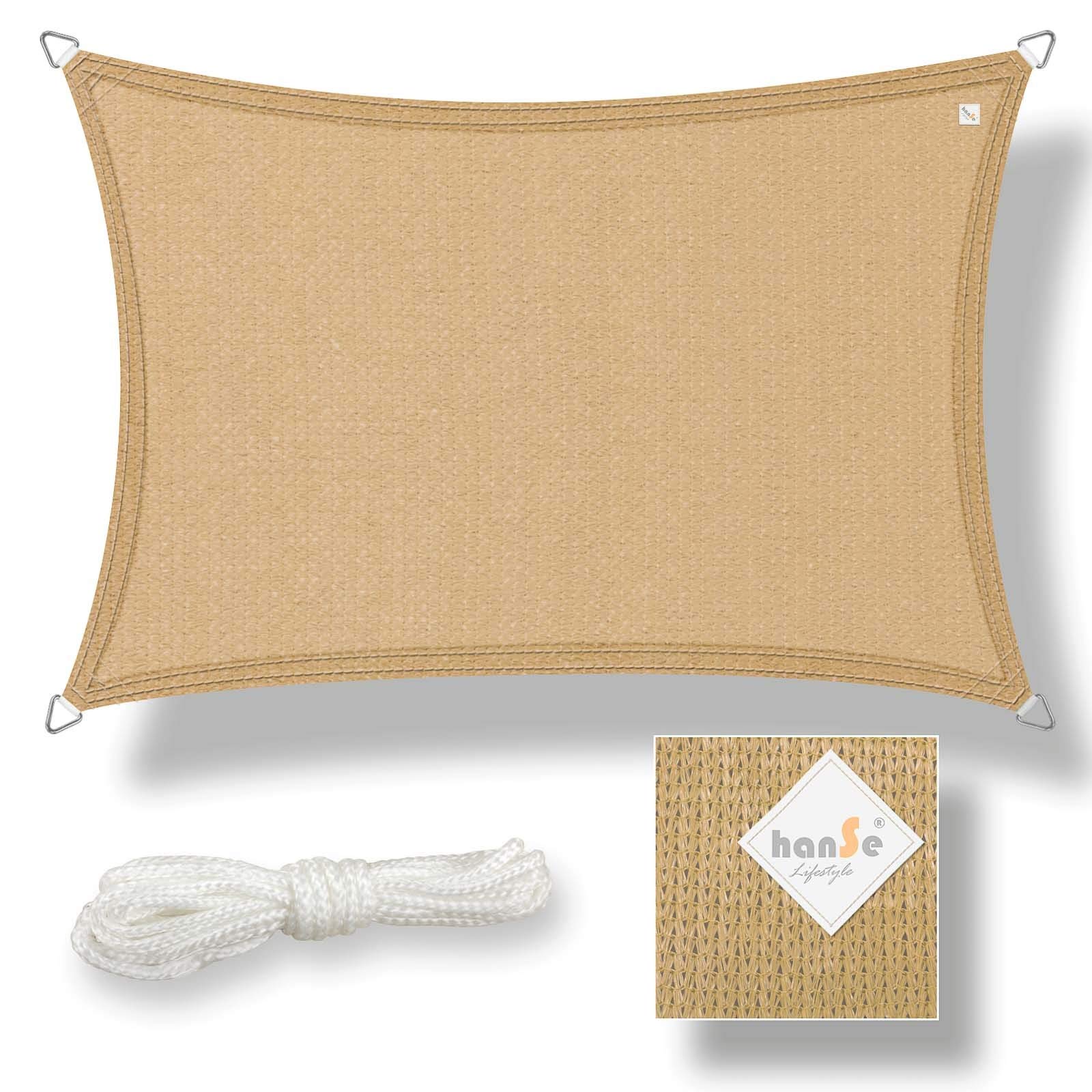 hanSe Sonnensegel rechteckig, Segeltuch Rechteck, 3x5m in Sand, aus HDPE Gewebe, wetterbeständig mit UV Schutz und Sonnenschutz für Garten, Balkon und Terrasse