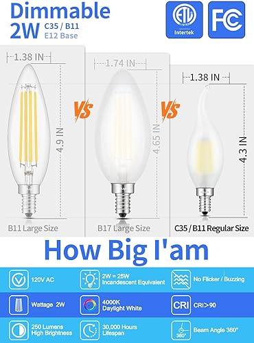 Miniatura 10 de CRLight Bombilla LED para candelabro, equivalente a 25 W, 250 lúmenes, 3000 K, blanco suave, 2 W, regulable, bombillas LED para candelabro, E12