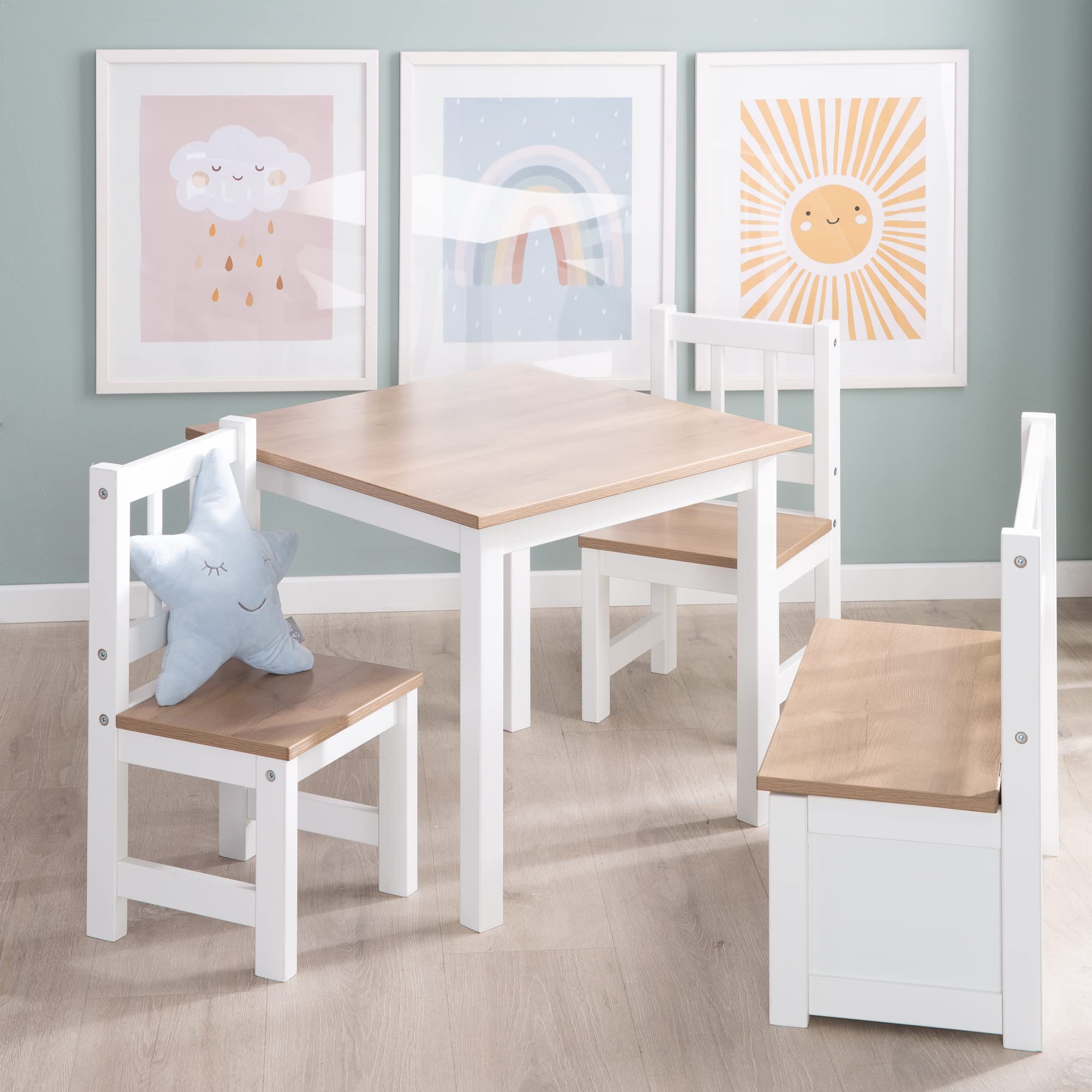 roba Ensemble Table et 2 Chaises Enfants Woody - Plateau et assises en Aspect Bois - Résistants aux Rayures - pour Filles et Garçons de 2 Ans et Plus - Blanc