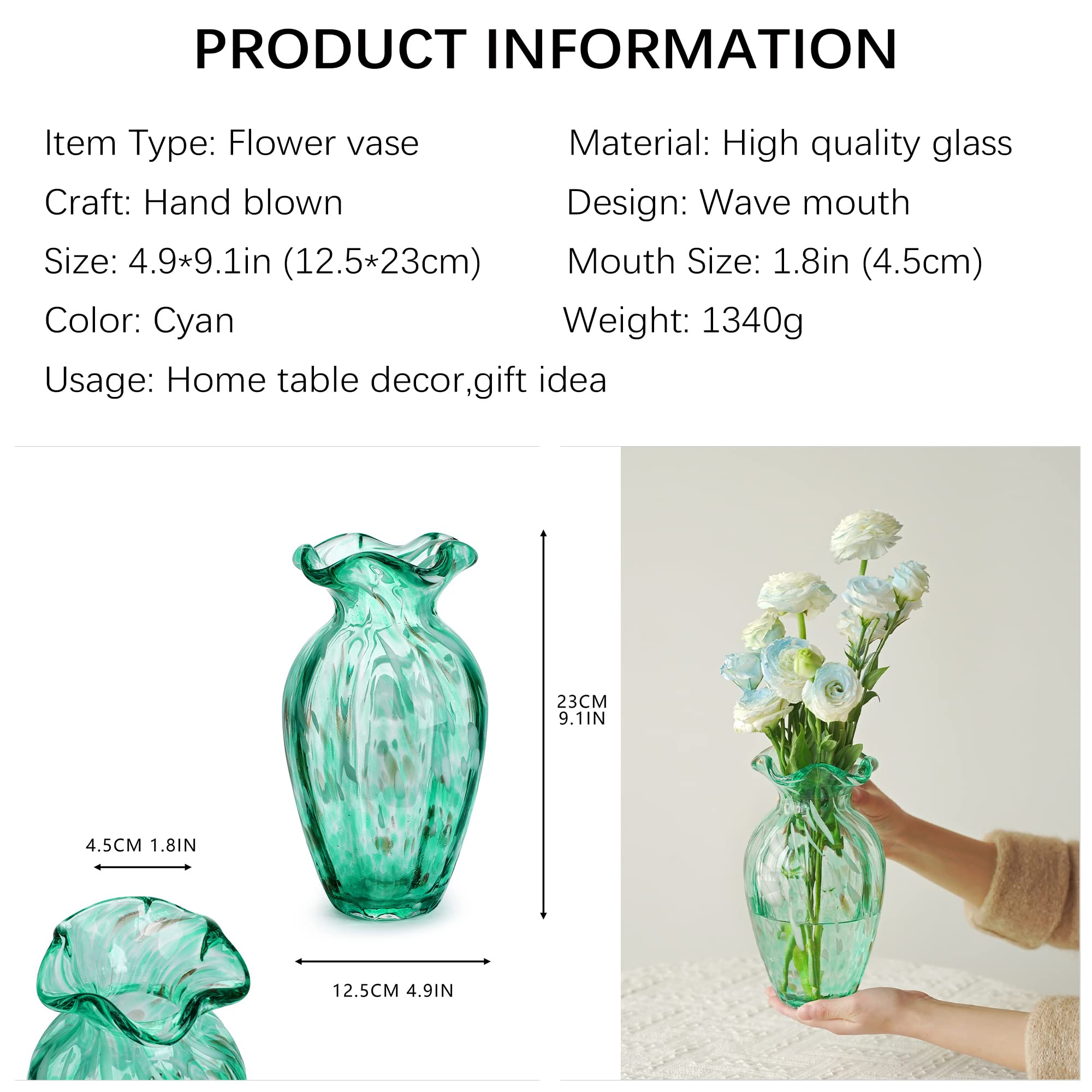 9'' Hand Blown Glass Vase,Modern Art Glass Flower Vase for Centerpieces Home Decor,Table,Living Room Decoration,Wave Mouth Design