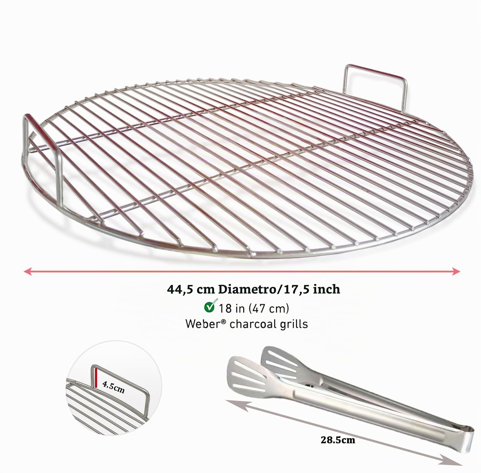 Griglia Rotonda in Acciaio Inossidabile 304,con pinze per Barbecue, Diametro 44,5 cm, Adatta per Barbecue Weber Ball da 47 cm, Carbone di Legna, griglia Rotonda Portatile