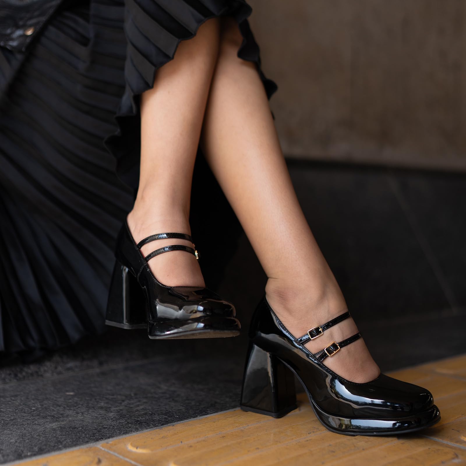 Theater Women Black Mary Jane Platform Pumps | Double Strap Square Toe Block Heels | Stylish & Comfortable for Office, Party & Causal Wear 4