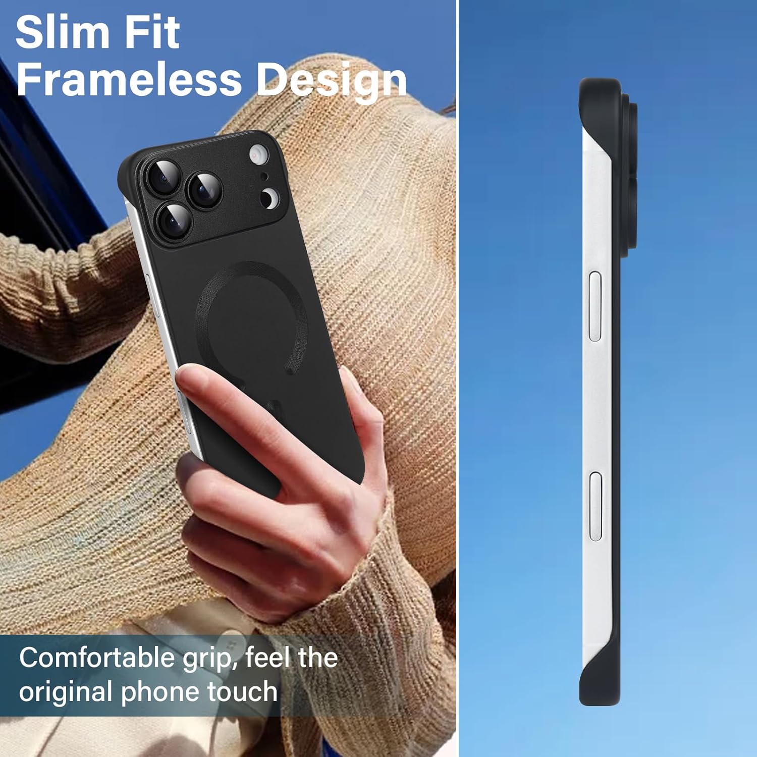 Omio Magnetic Slim Case for iPhone 17 Pro Max Compatible with MagSafe, Matte PC Ultra-Thin Bumper Frameless Borderless Minimalist Design with Camera Lens Protector for Men Women, Black - Image 2