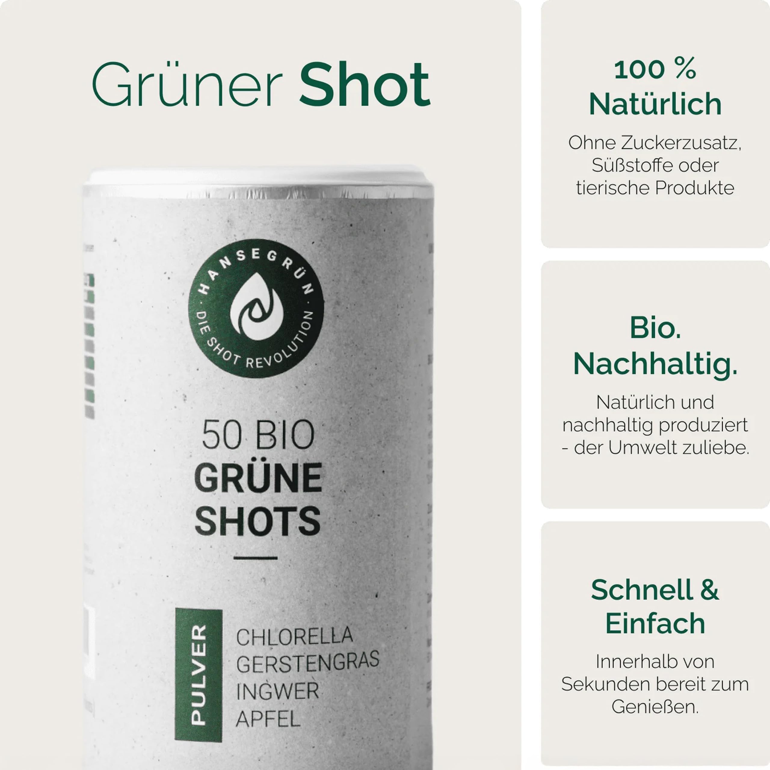 Hansegrün - Bio Grüne Darm¹ Shots (50 Stk.) - Superfood-Pulver mit Gerstengras - Vegane Greens für die Darm-Gesundheit¹ - mit Chlorella & Brennessel - 100% echte Zutaten zur täglichen Zubereitung