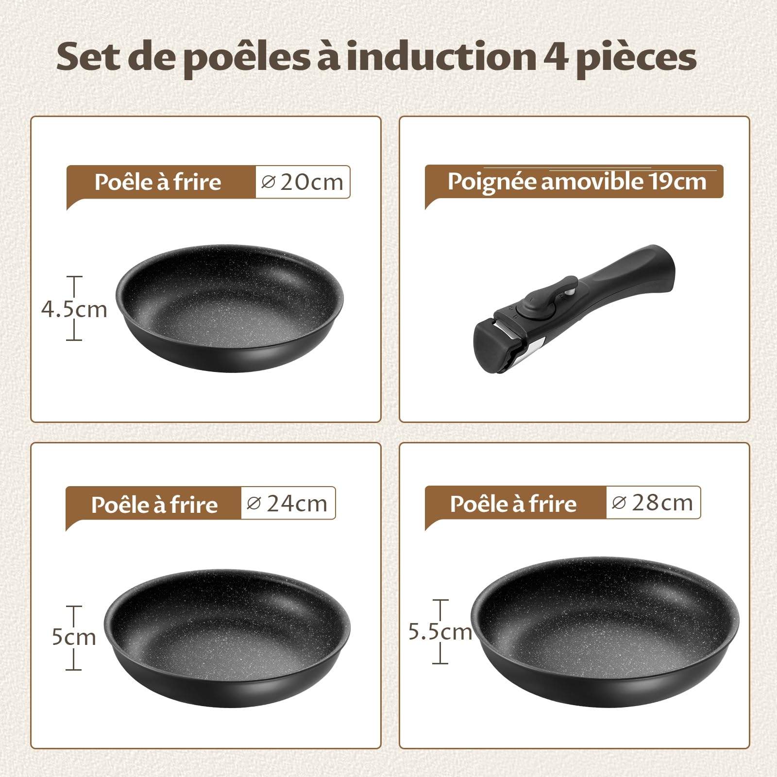 Fadware Lot de 3 Poêles avec Poignée Amovible (20/24/28 cm) - Revêtement Anti-adhésif, 75% Gain de Place, Poêles Induction et Tous Feux, Empilables pour Petites Cuisines et Camping-Car, Passe au Four