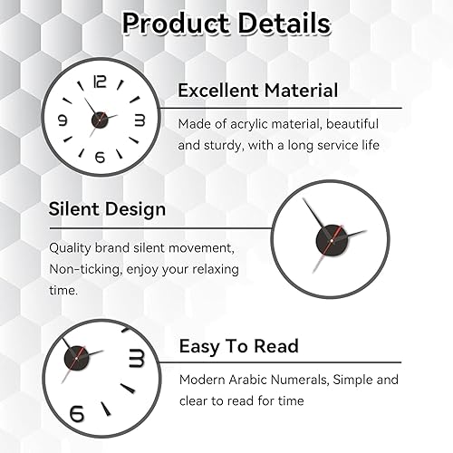 Miniatura 5 de Reloj de pared 3D DIY, reloj de pared sin marco, moderno espejo 3D, decoración de pared de sala de estar, estilo europeo, reloj de pared negro