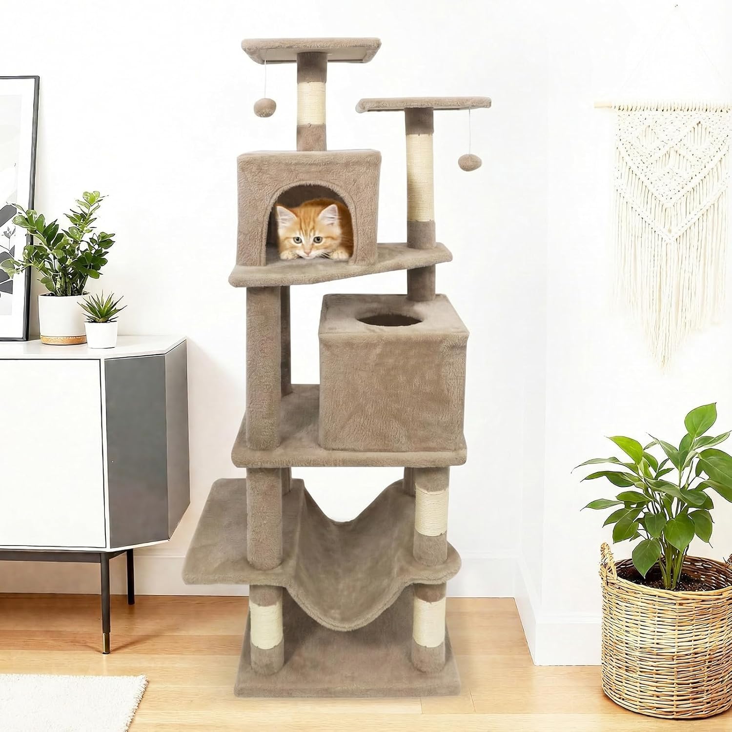 Tangkula Cat Tree for Indoor Cats, 57 Inch Large Cat Tower with Sisal Scratching Post, Top Perch, Dual Condos, Hammock, 2 Dangling Balls, Platforms, Multi-Level Cat Climbing Furniture (Coffee)
