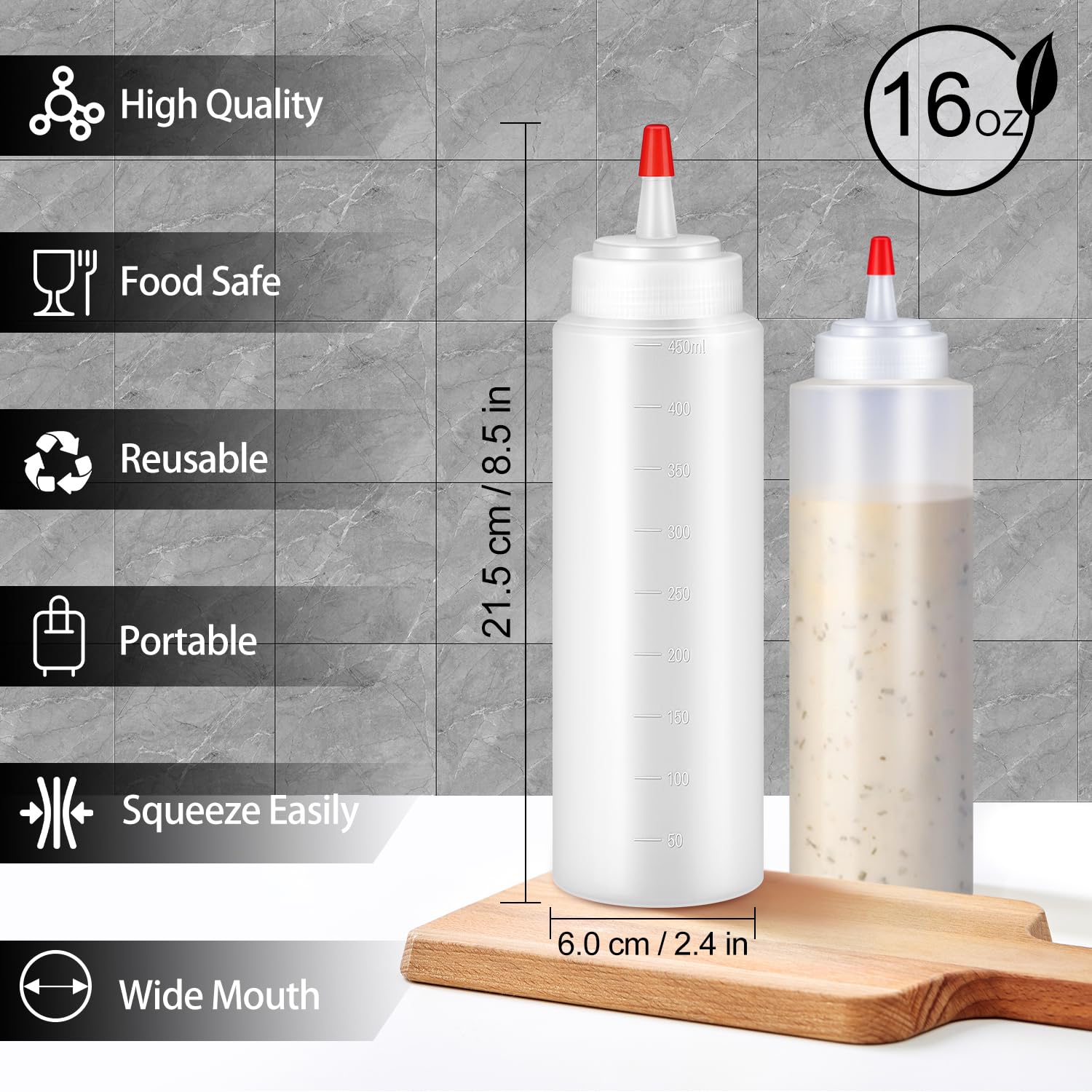 Sopito Flacone da spremere, Bottiglia da 6 Pezzi, 450 ml, Riutilizzabile con ugelli, Tappi, Etichette, Penna e Pennello, flacone dosatore per Ketchup Senape Hot salces Olio pigmento
