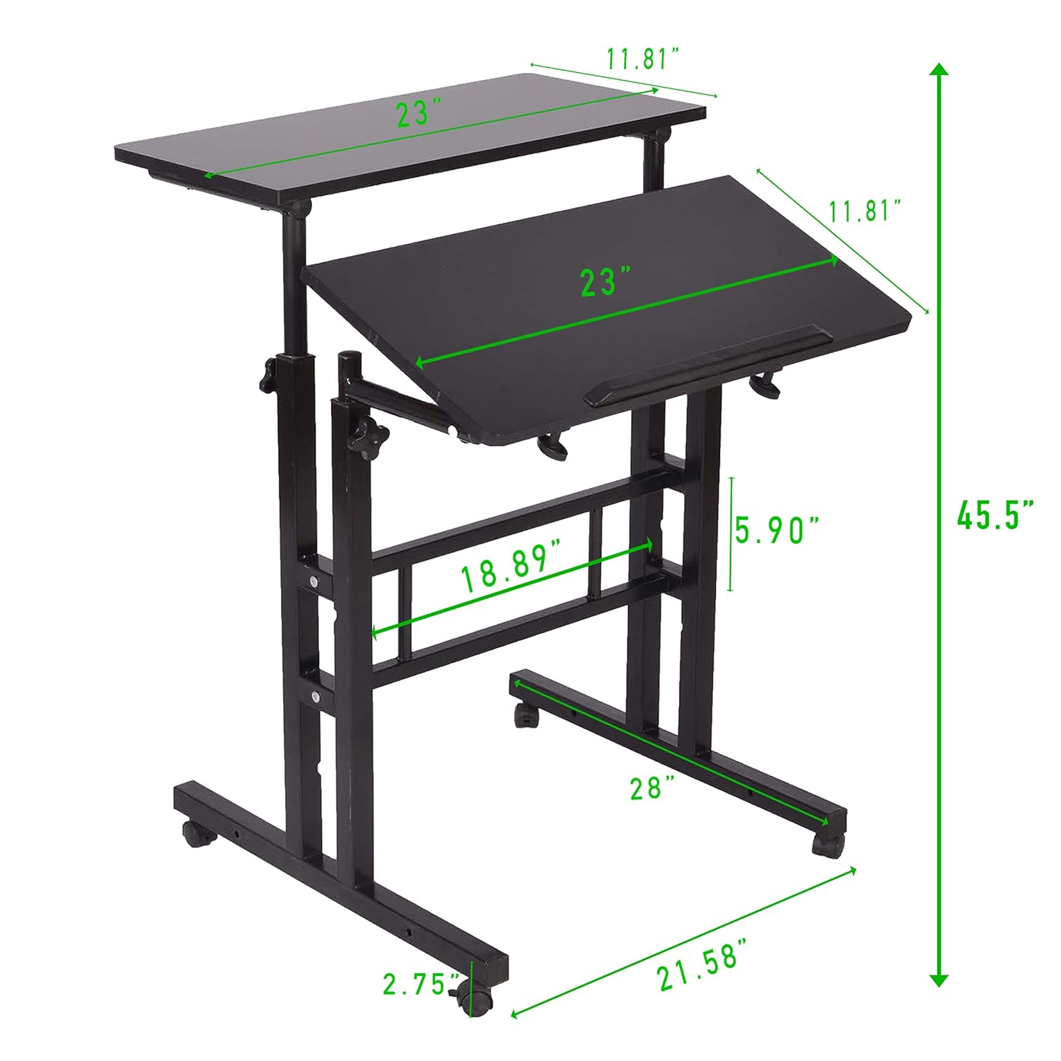 Mind Reader Mobile Sitting Standing Desk Rolling Reversible Home Office Laptop Workstation with Side Storage, Locking Wheels, Large, Black : Office Products
