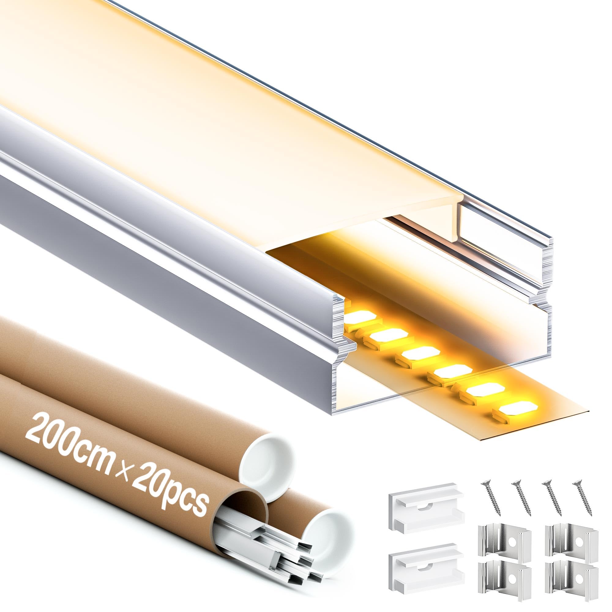 Profil LED – profil aluminiowy 2 m do taśm LED do 17 mm, szyna LED z mleczną pokrywą, kompletny zestaw z zaślepkami, klipsami i śrubami, wymiary 19,7 x 10 mm (20 x 2 m (łącznie 40 m)