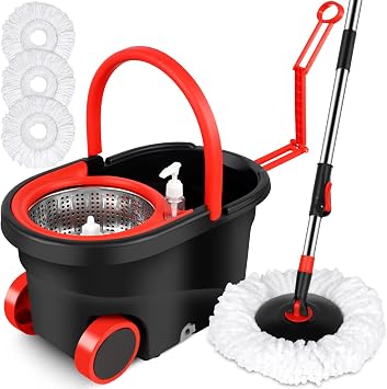 Mop Bucket with Wringer Set, Extended Stainless Steel Handle, 3 Microfiber Replacement Mop Head Refills, 2 Wheels for Floor Cleaning, Black/Red