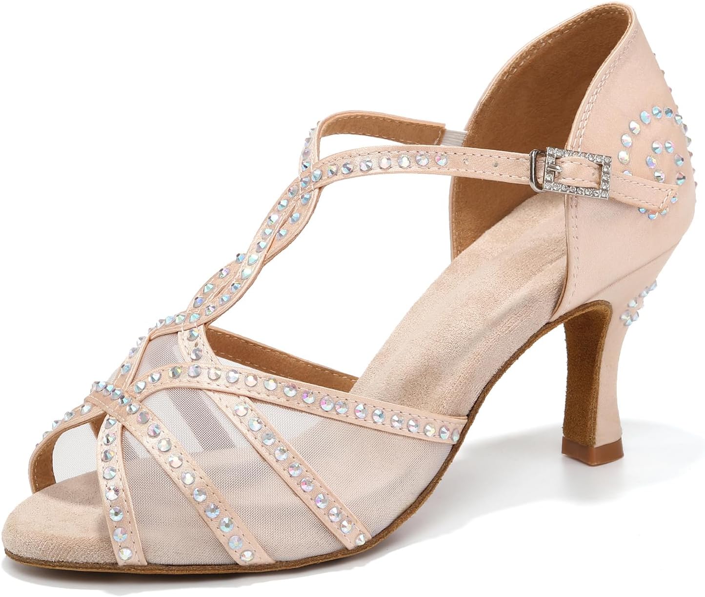 Women's Latin Dance Shoes with Rhinestones Open Toe Ballroom Salsa Professional Wedding Dancing Heels Suede Sole