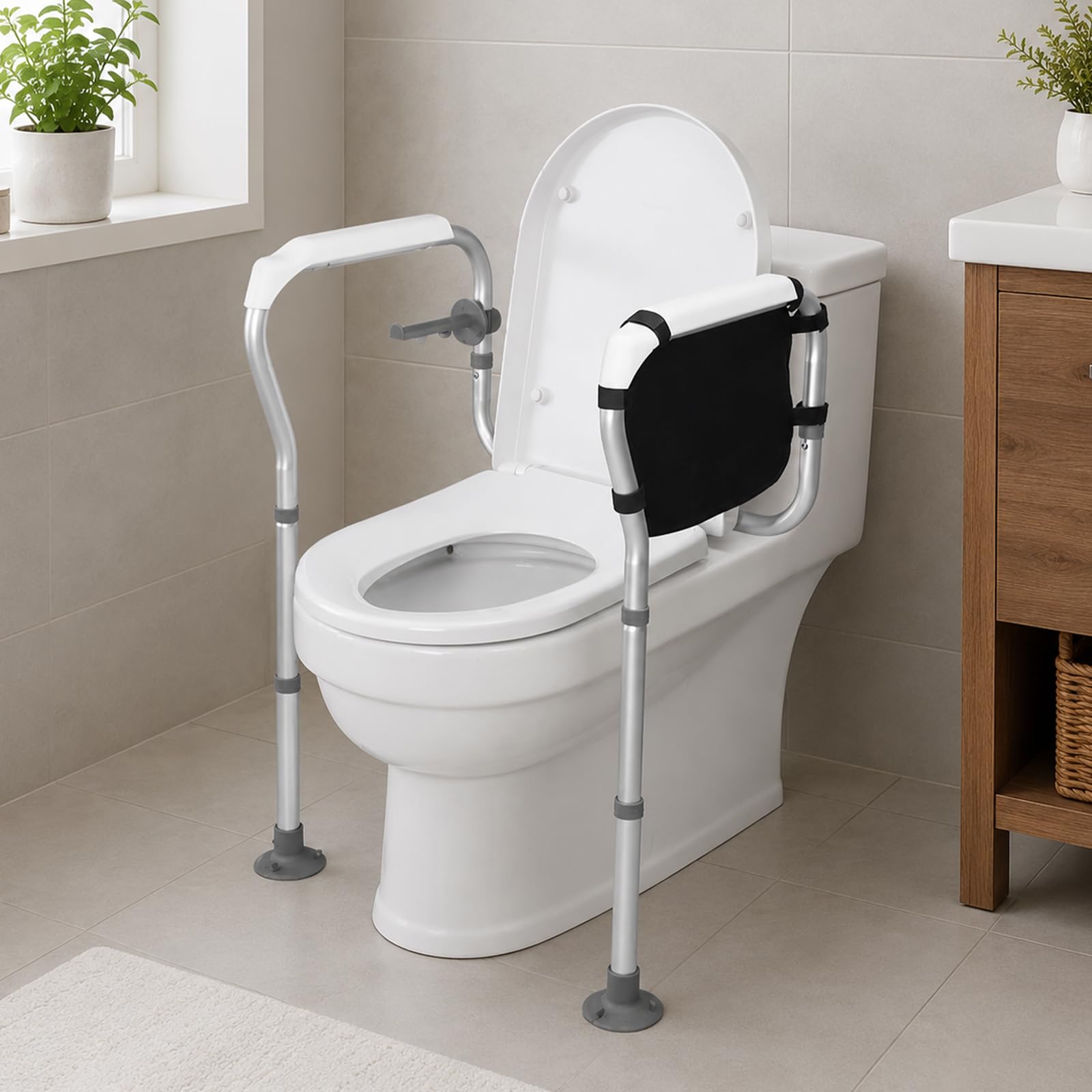 Pomoc w wstawaniu toalety dla seniorów, uchwyt mocujący z regulacją wysokości 65-78,5 cm, uchwyt podporowy do WC z podłokietnikami, antypoślizgowe przyssawki, bez wiercenia, z uchwytem na papier
