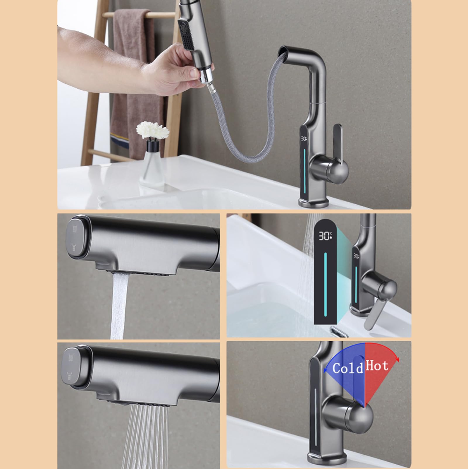 Generico Rubinetto da Bagno Miscelatore Estraibile per Lavabo da Bagno con Getto Cascata Girevole 360° con Display Digitale Acqua Calda E Fredda Colore Grigio Canna di Fucile