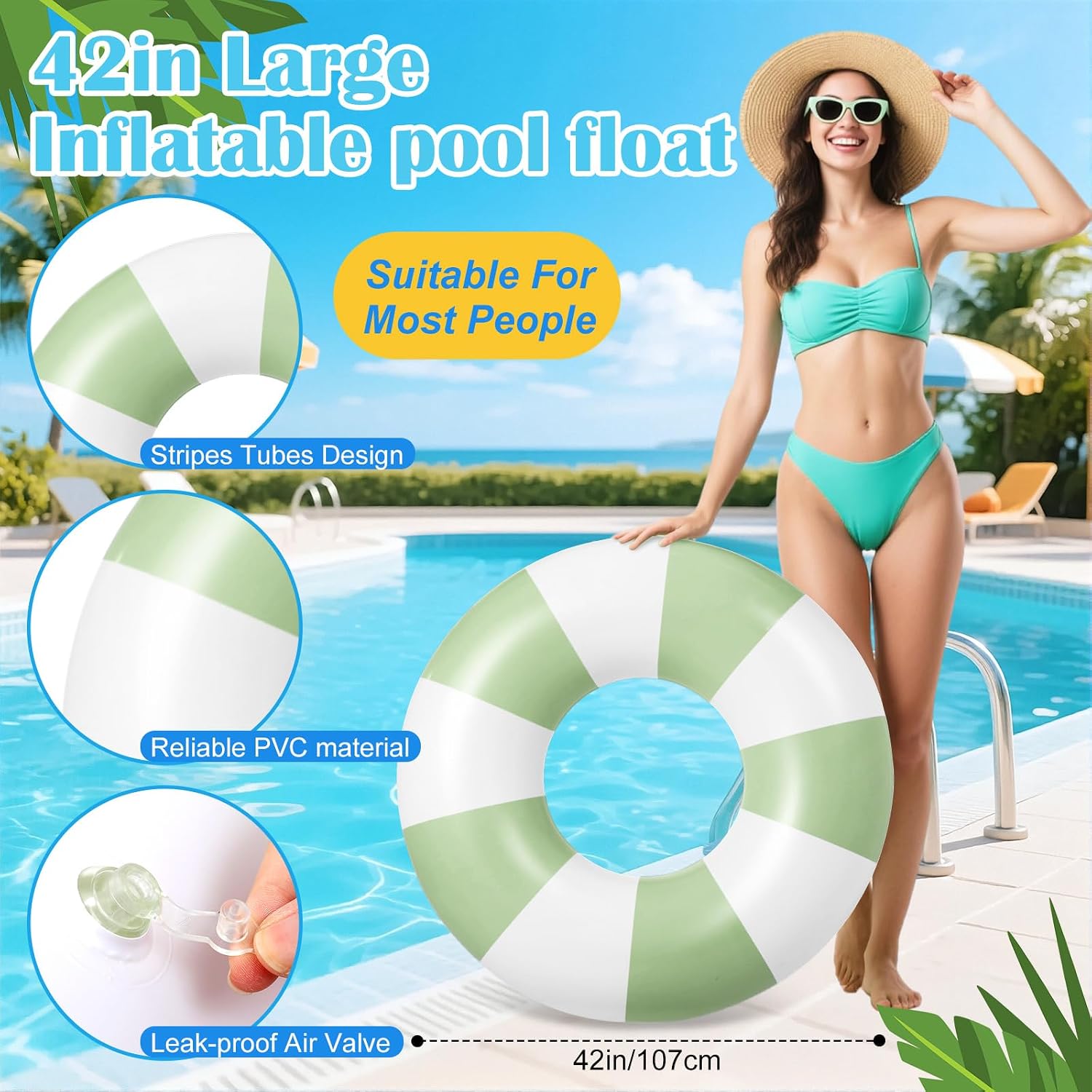 2 Pcs Pool Tubes for Adults 42 inch Large Vintage Stripe Pool Floats Giant Inflatable Floats Rings Colorful Swimming Ring Summer Hawaii Swimming Lounger Float for Swim Party