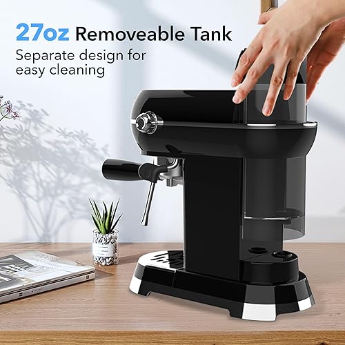 Miniatura 4 de HBN Máquina compacta de café expreso de 20 bar con espumador de leche, tanque de agua extraíble de 27 onzas para espacios pequeños, cafetera casera