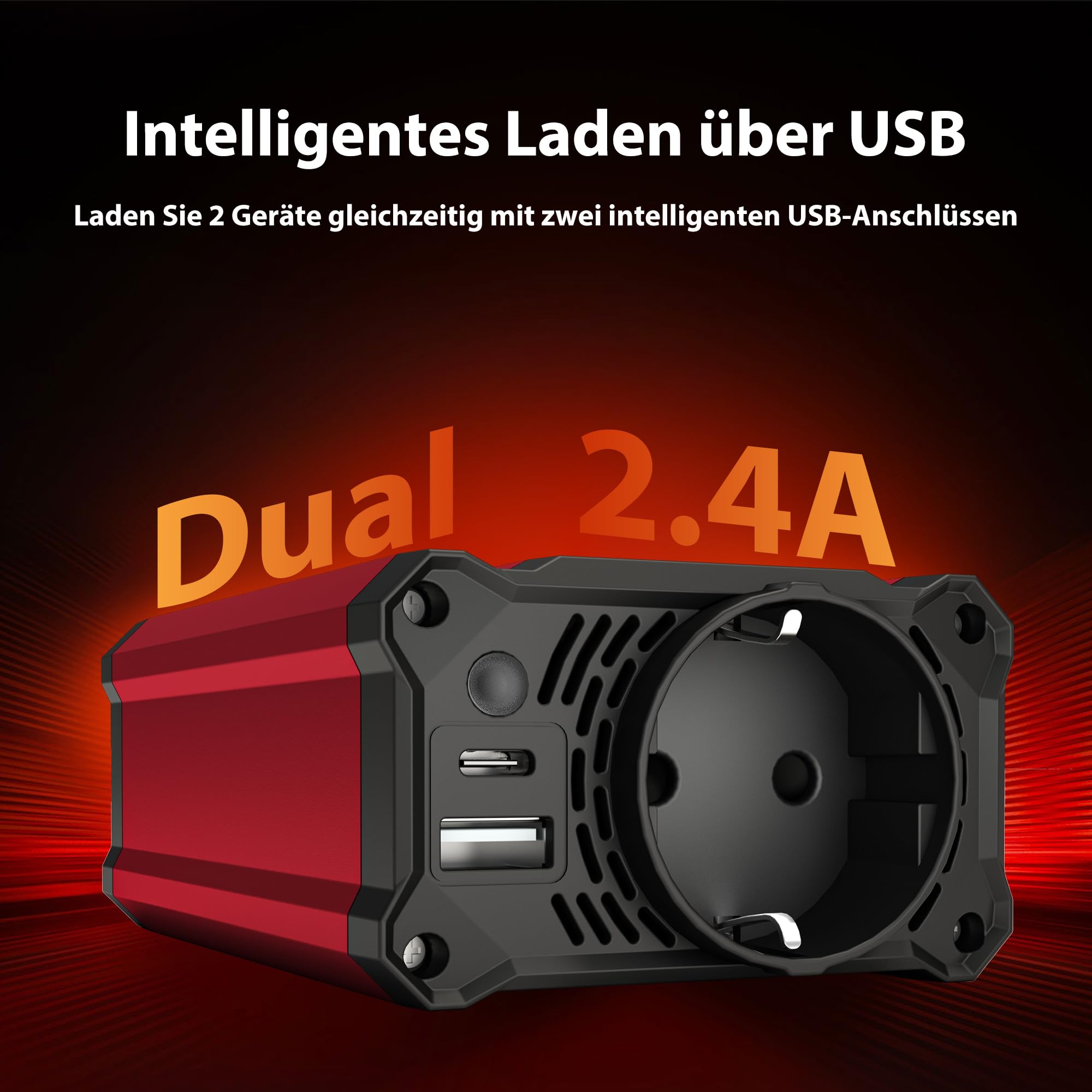 300W Auto Wechselrichter, DC 12 V auf 230 V Auto-Wechselrichter mit AC Steckdosen und 3.4 A Dual-USB-Anschlüssen, Autostecker Adapter Steckdosenkonverter
