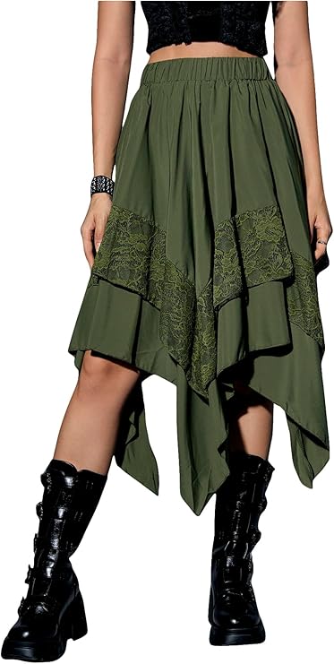 Verdusa Women&#39;s Renaissance Flowy Fairy Skirt Y2k Contrast Lace Layered Asymmetrical Midi Skirts