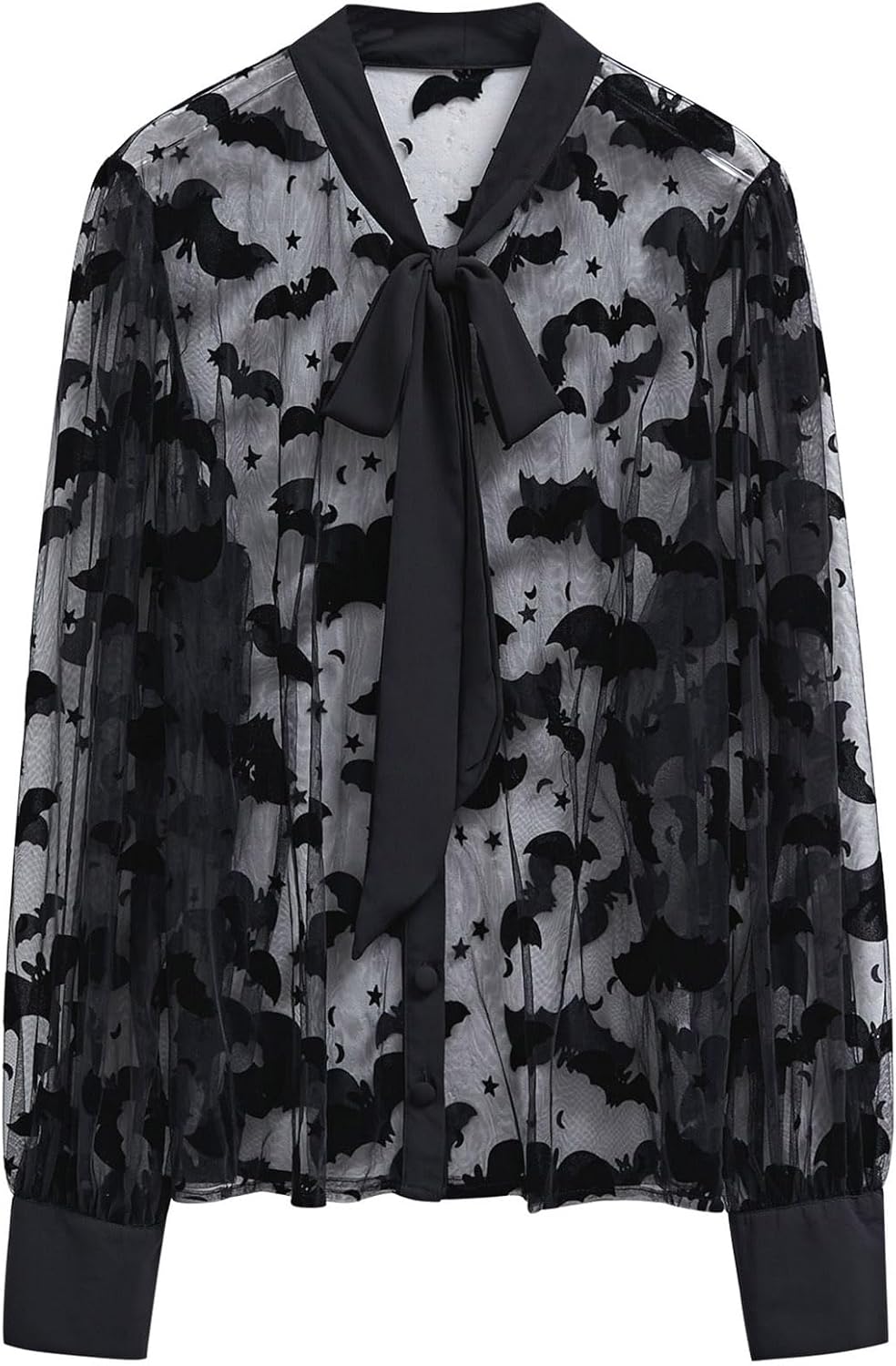 CHICWISH Women Mesh Tops Velvet Bats Printed Casual Shirt Self Tie Knot V Neck Long Sleeve Halloween Holiday Buttoned Blouse