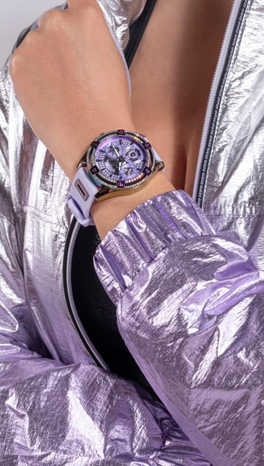 GUESS Ladies 40mm Watch - Purple Strap Lavender Dial Iridescent Case