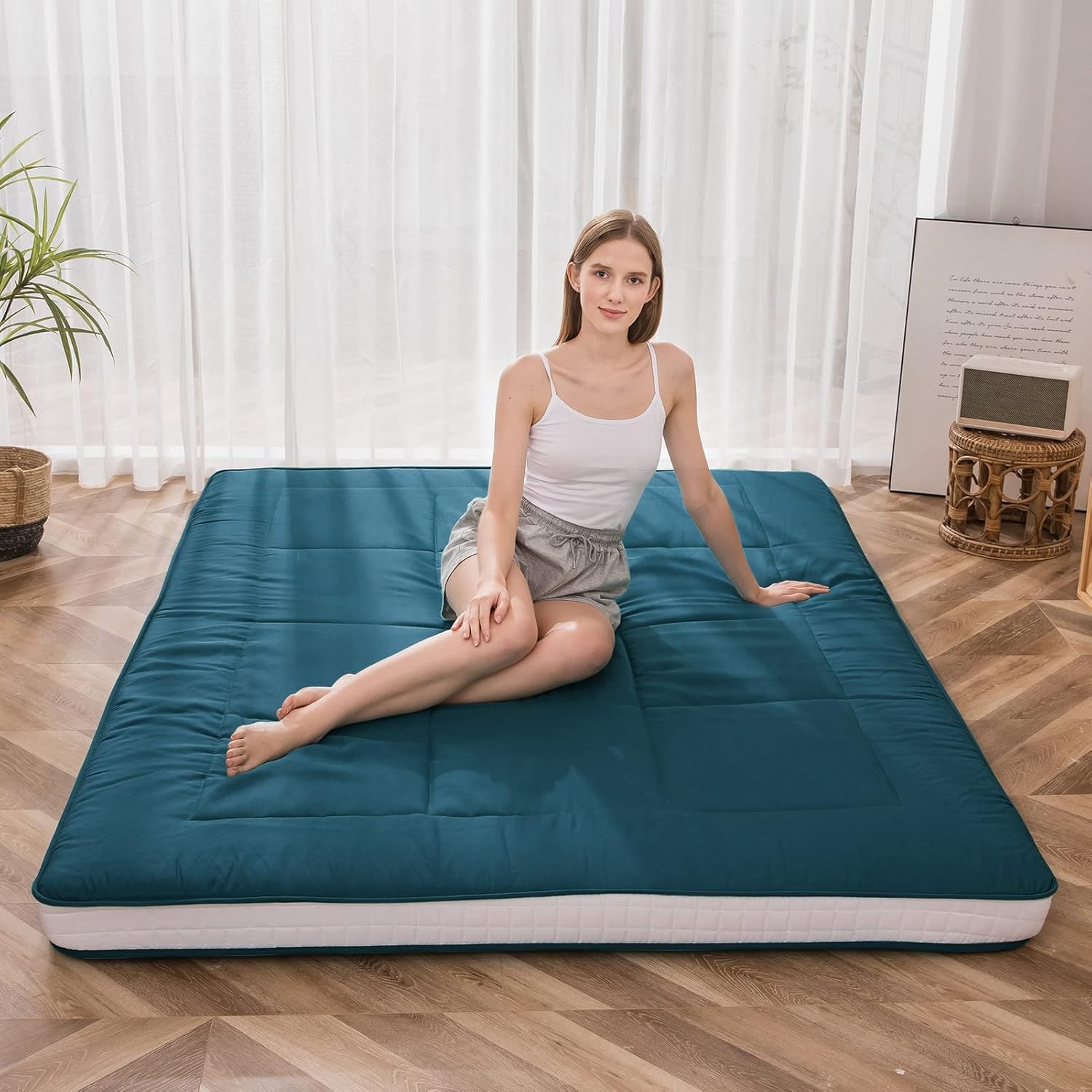 MAXYOYO Futon Materac - Wyściełany Japoński Materac Podłogowy, Pikowany, Bardzo Gruby Składany, Oddychający Leżak, Łóżko dla Gości (Bluestone, Podwójny)