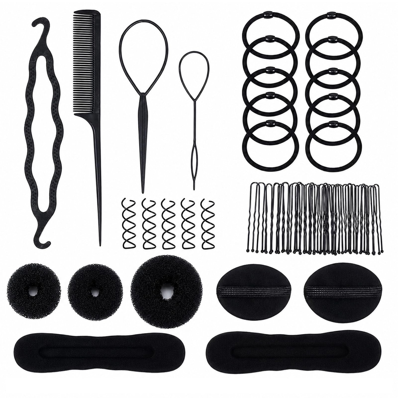 66-teiliges Frisurenhilfe Set, Flechthilfe Haare,Hochsteckfrisuren Zubehör, DIY Haarstyling Set für Zöpfe Dutt und Pferdeschwanz, inkl. Duttkissen, Haarnadeln, Schwarz