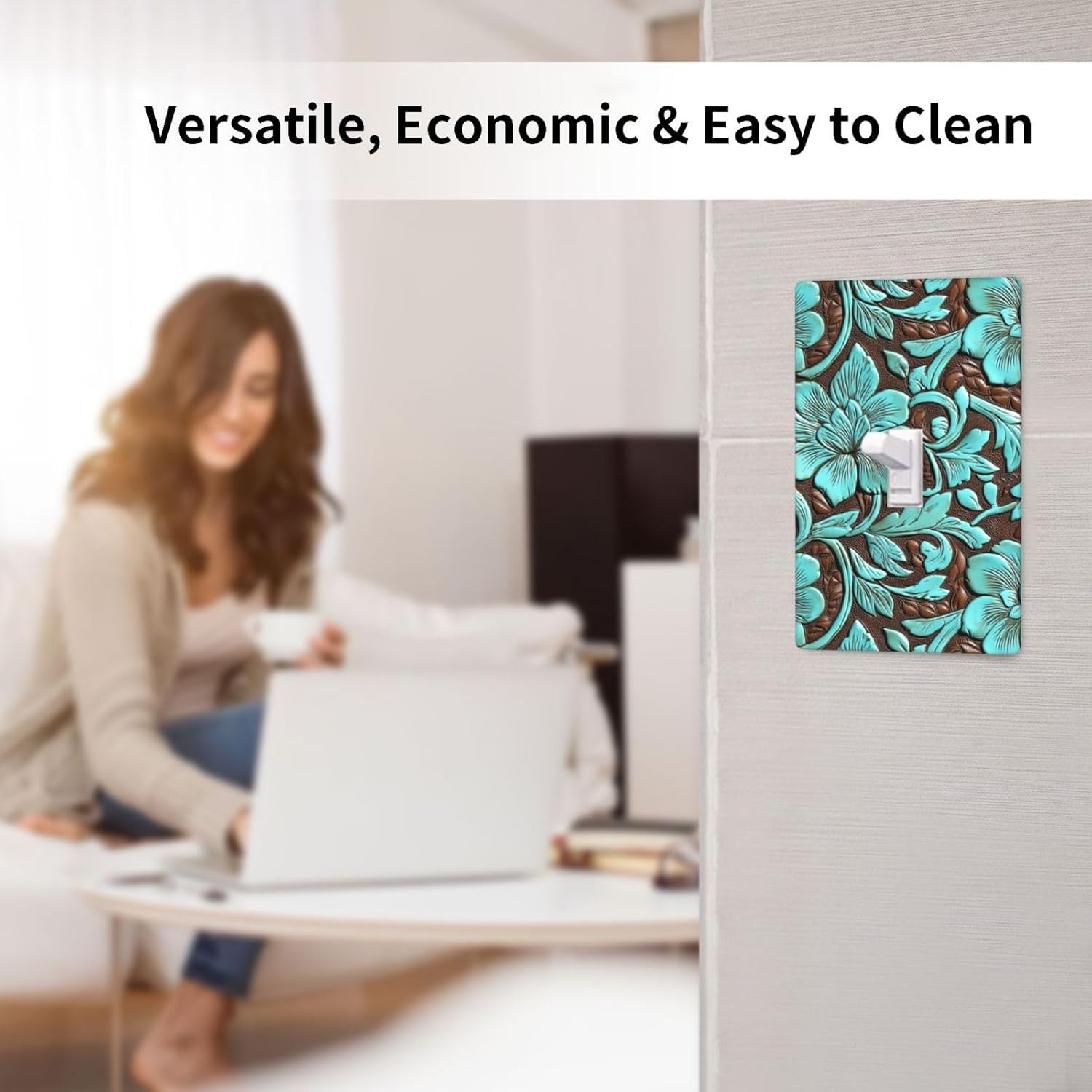 Leather-Tooled Turquoise Pattern, Light Switch Cover Decorative Single Toggle 1 Gang Wall Plate For Kitchen Farmhouse Bedroom Bathroom Art Decor