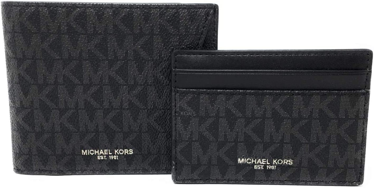 Michael Kors Mens Set Two Piece Leather Billfold Wallet With Card Case (Black PVC)