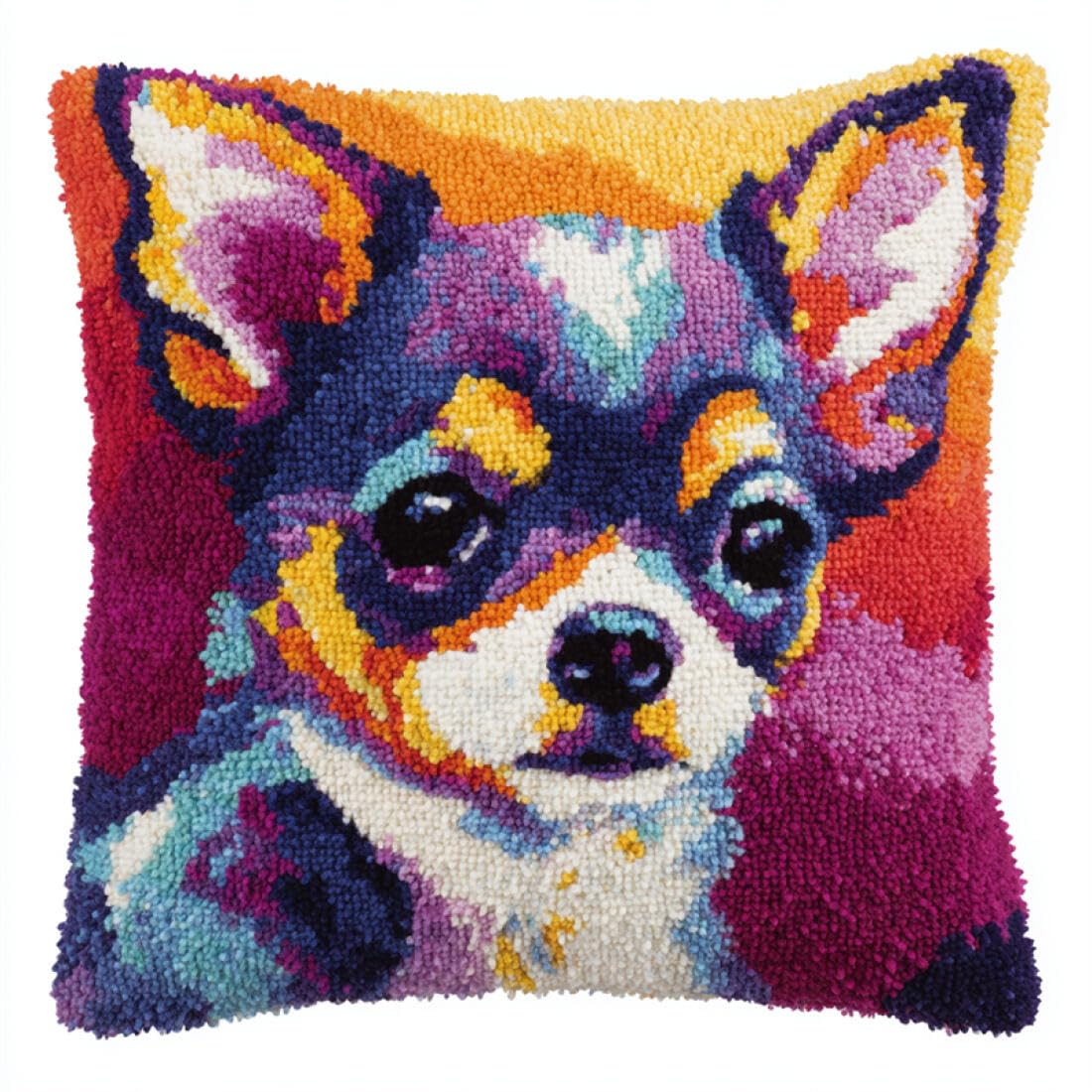 Kitquiver Animal Latch Hook Cushion Kits Colorful Chihuahua DIY Latch Hook Kits Pillow Printed Cushion Crochet Yarn 3D Embroidery Set Pillowcase Rug Home Decor 17x17In