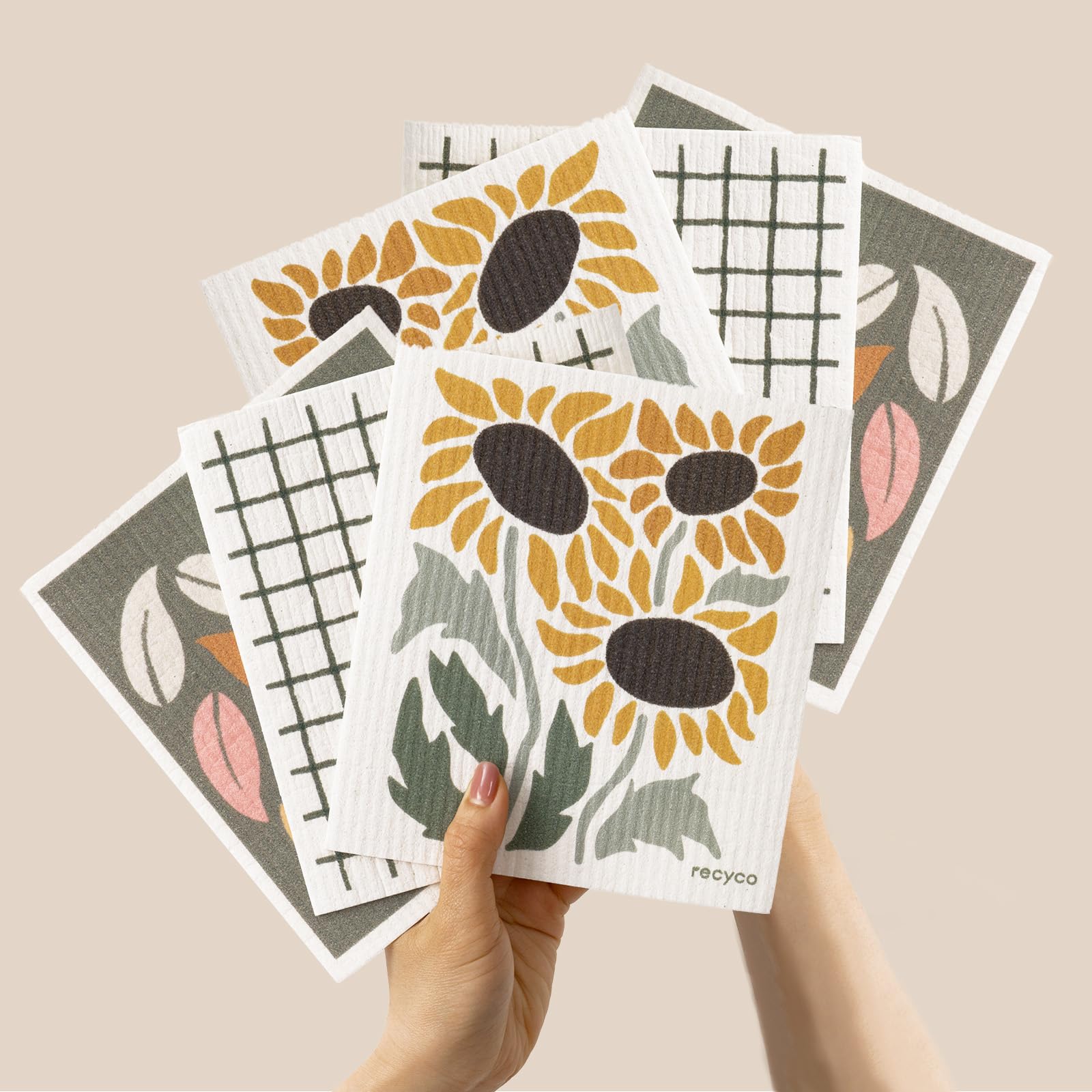 RECYCO Swedish Dishcloths for Kitchen | 6 Pack Autumn Leaf Washable Dish Rags | Cellulose Reusable Cleaning Paper Towels | Absorbent Counter Dish Cloth Sponge Kitchen Wipes, 8" L x 7" W