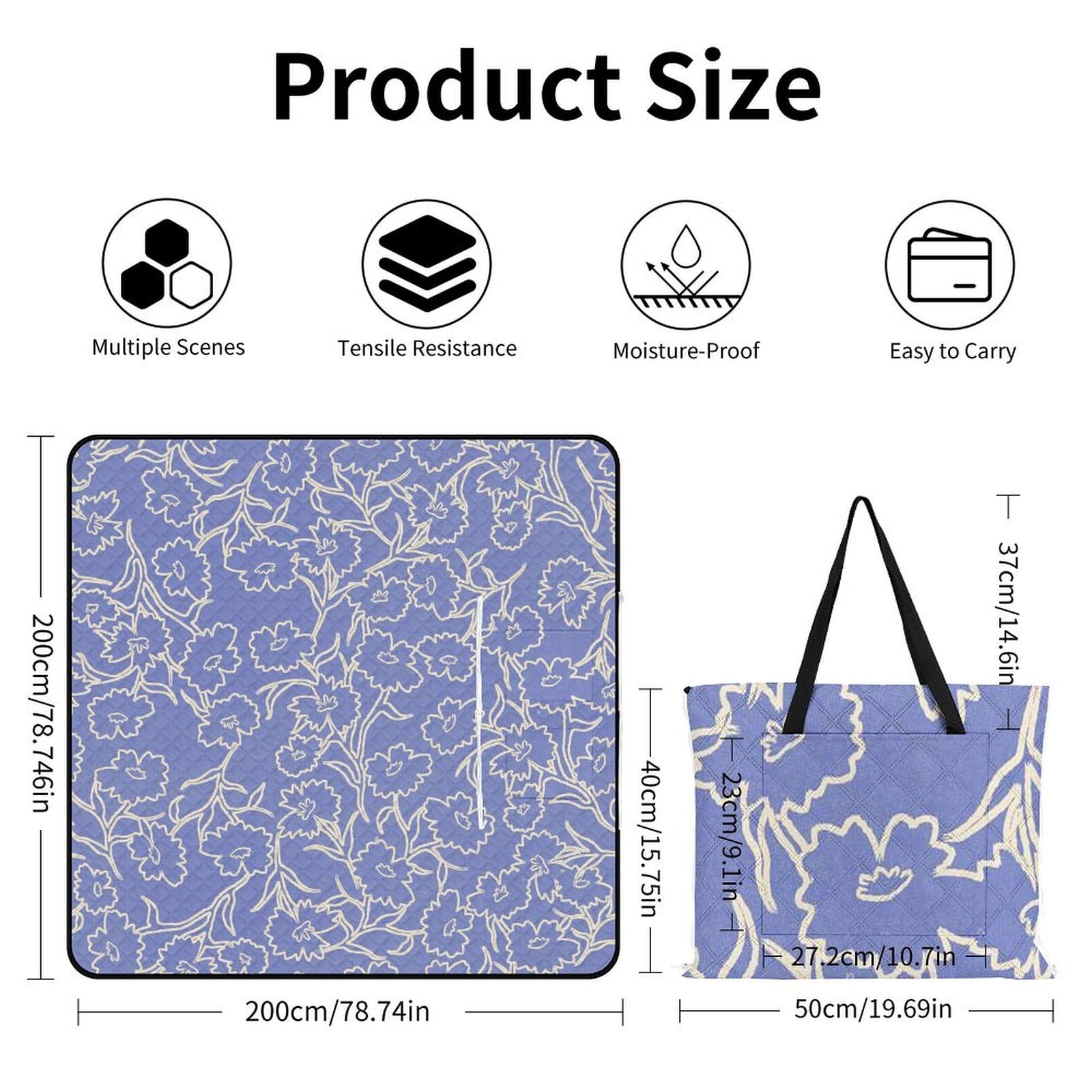 3D Impression Repeat Fleurs Blue Couverture Pique Nique Tapis Pique Nique Nappe Picnic Couverture De Pique-Nique pour Le Voyage, Le Camping, Les Vacances, Etc 200x200cm