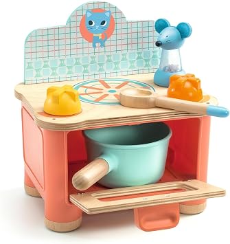 DJECO - Kitten Stove Playset for Toddlers - Role Play - Ages 18 Months and Up - Pretend Cooking in Play Kitchen - Compact and Portable - Includes Cooker, Saucepan, Spoon, Salt Shaker