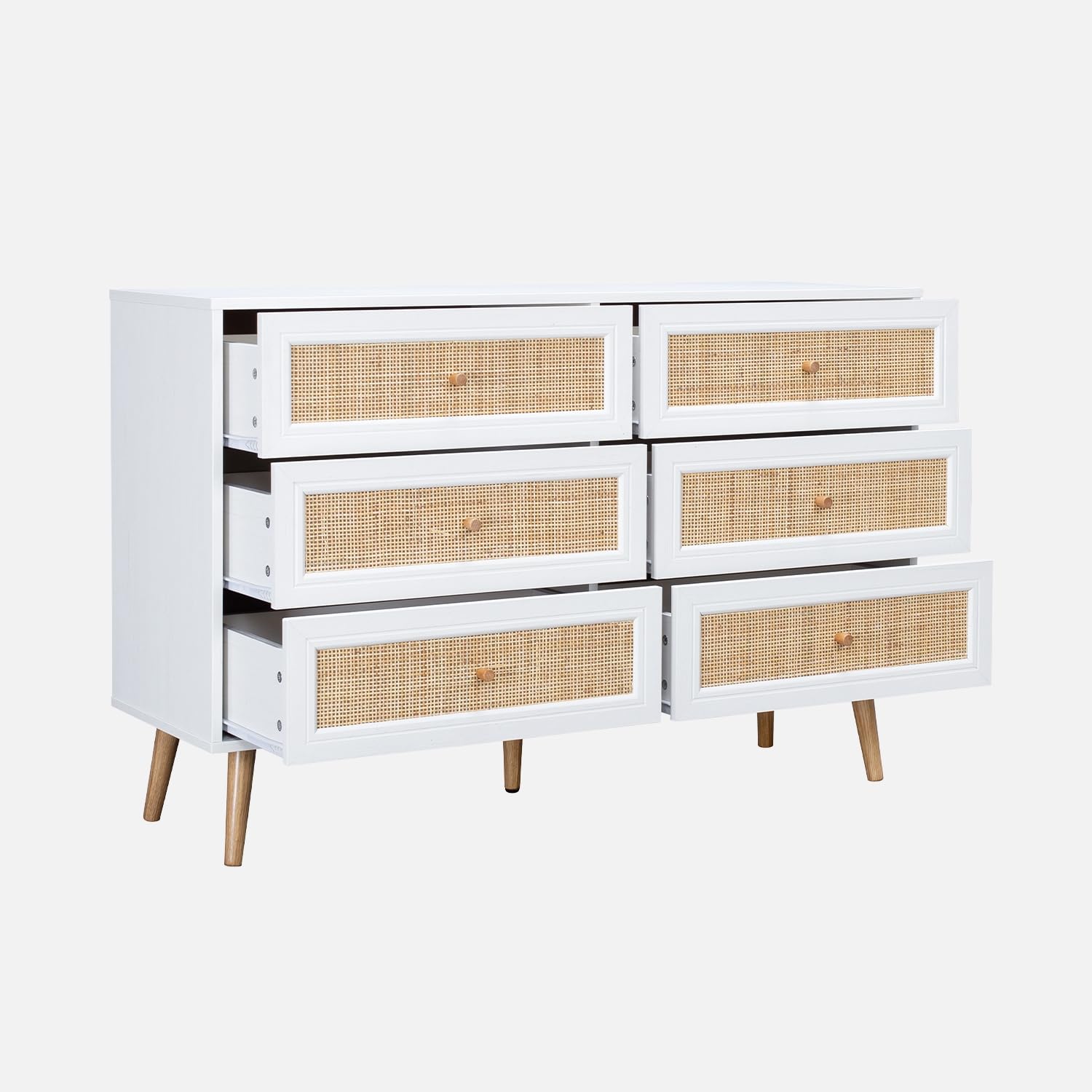 sweeek - Commode décor Bois et cannage 6 tiroirs Bohème. Blanc - 120x39x79cm