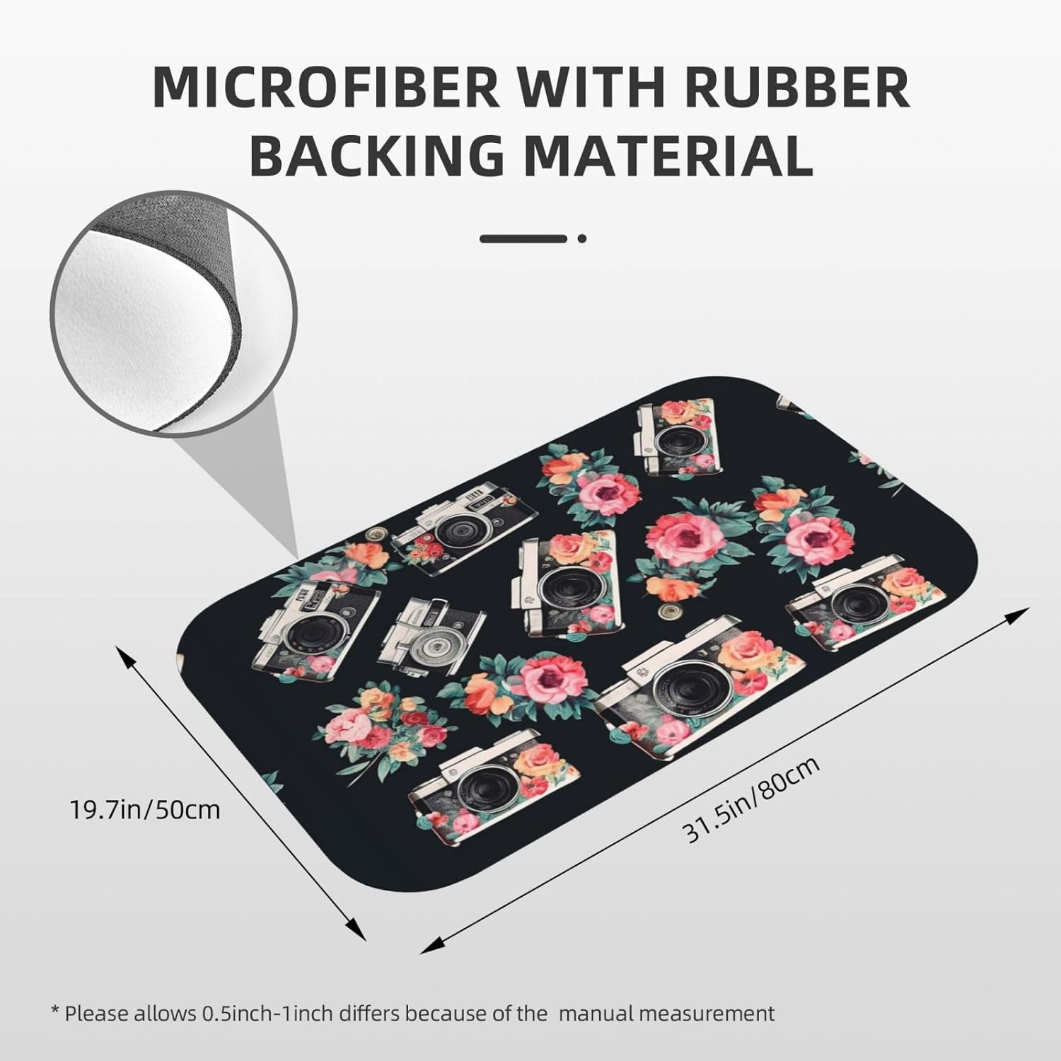 Stone Bath Mats Flower Camera Diatomaceous Earth Bath Mat Super Absorbent Bathroom Floor Mat Quick Drying Diatomite Shower Mat for Shower Bathtub Bathroom Accessory 19.7x31.5in