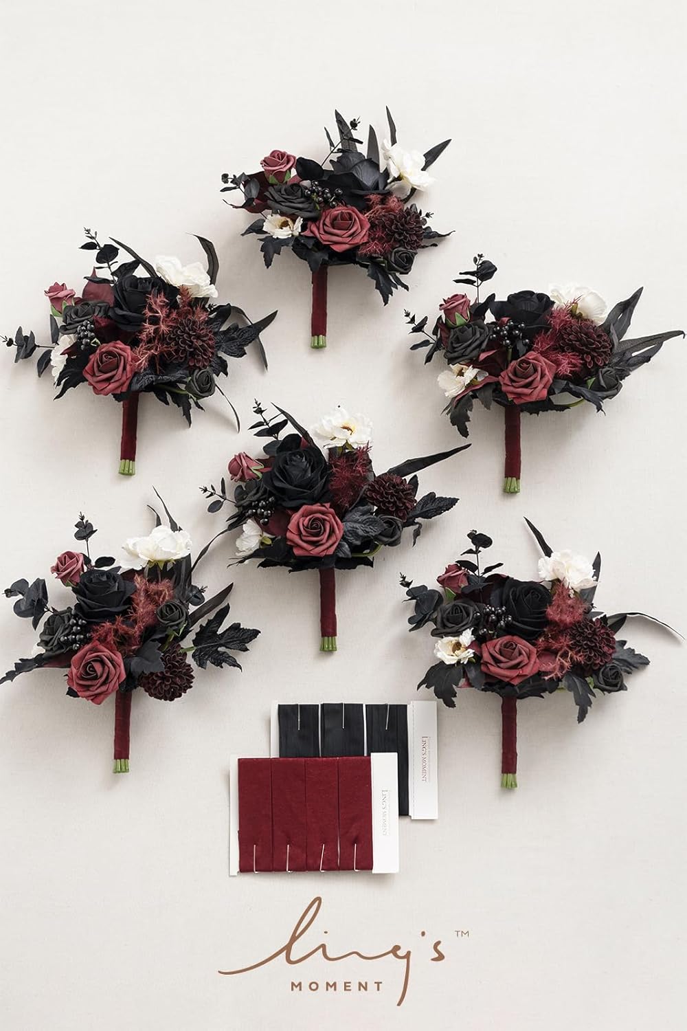 Ling's moment Black Bridesmaid Bouquets Set of 6 Burgundy Artificial Wedding Flower Bouquets Floral Bouquet Gothic Bridesmaid Bouquets with Ribbon Ceremony,Anniversary,7-inch Diameter - Image 5