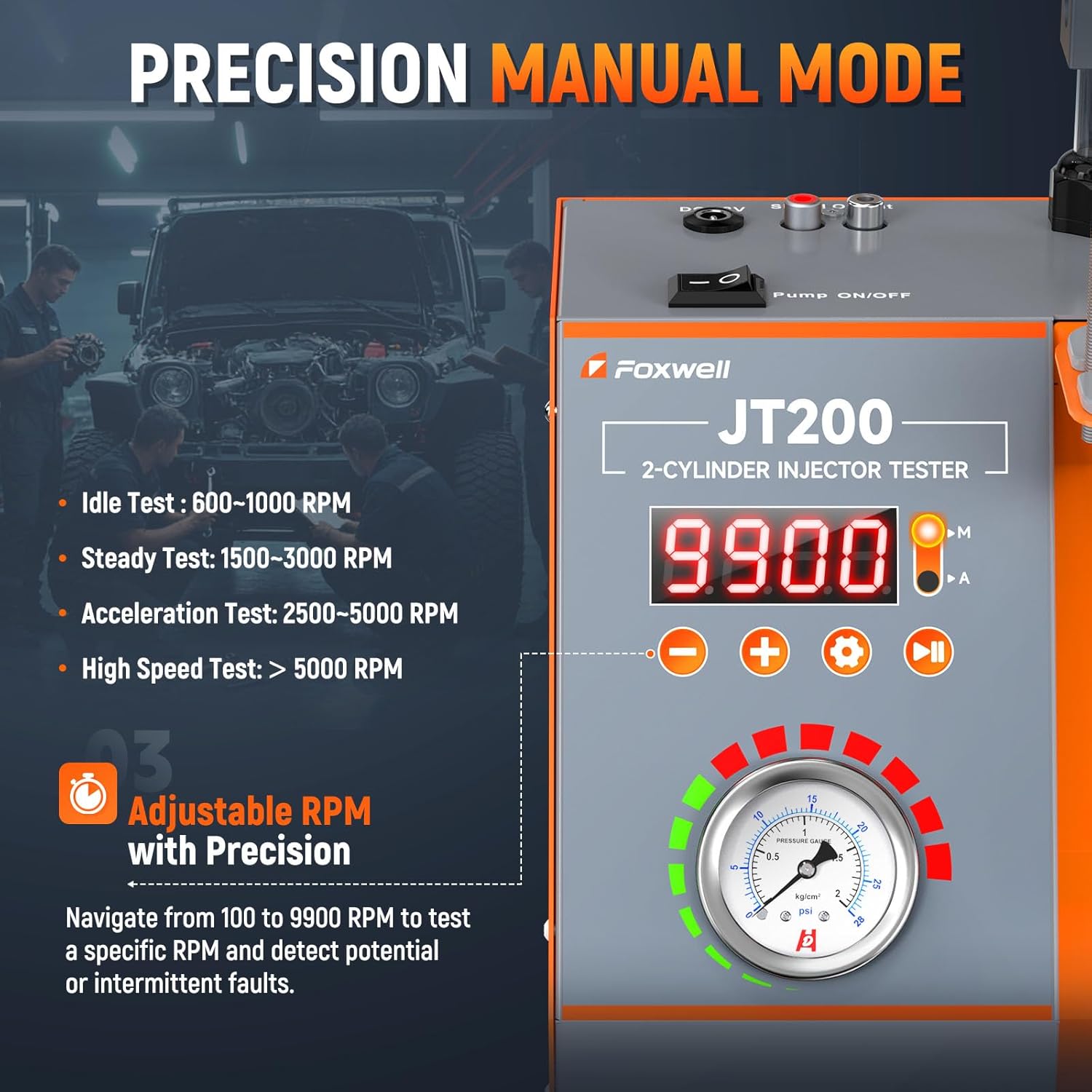 FOXWELL JT200 Fuel Injector Tester, Fix Engine Misfire & Rough Idle - Visualize Spray Pattern & Volume, Automatic Fuel Injection System Tester Diagnostic Tool for 6V/12V MPI Motorcycle & Car Injectors