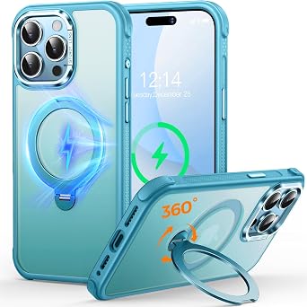 360 Spin Magnetic Stand Designed for iPhone 15 Pro Max Case, [Compatible with mag Safe][Military-Grade Protection] Translucent Matte Kickstand Slim Phone Case 6.7 inch, Matte Lake Blue