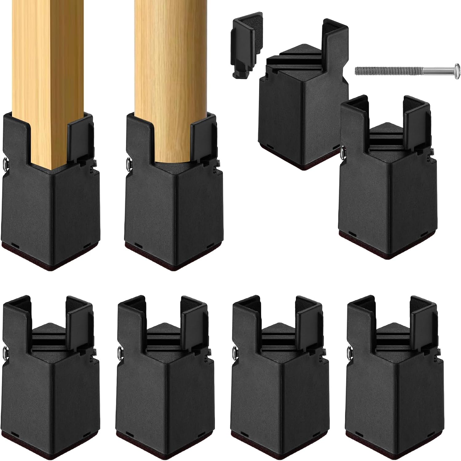 8 Pack Adjustable Bed Risers 3 Inch Height with Screw Clamp | Heavy Duty Alloy Steel Furniture Risers for Round or Square Legs 22-42mm Lift Desk Sofa Chair Table Leg Extenders Set, Black