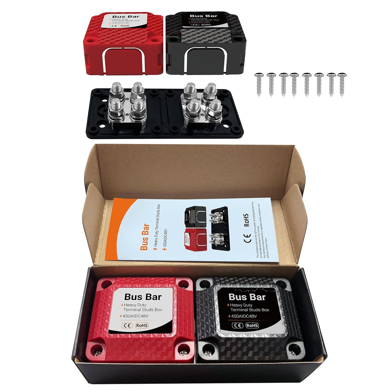 Bus Bar 450A 48V DC Heavy Duty Terminal Studs Box, 2-Pack Busbar with 8 * 3/8 INCH(M10) Studs, Flame Retardant ABS+PC Insulation Cover for Marine, Boat, Car, RV, Solar Panel Electrical Wiring