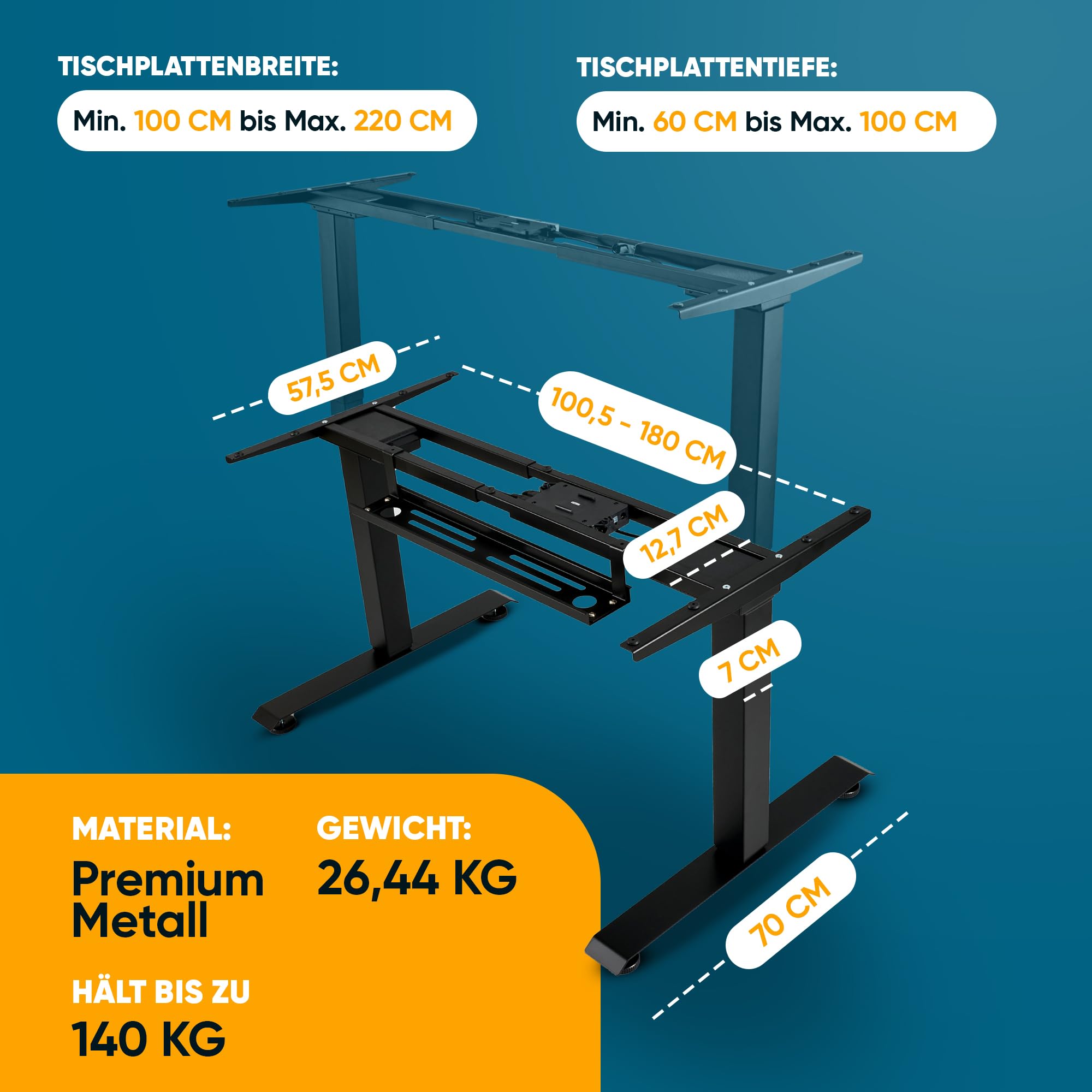 Bellini Höhenverstellbarer Schreibtisch Gestell-Tischgestell - Tischbeine elektrisch für alle Tischplatten | Schreibtischgestell sehr stabil mit Kollisions-Sensor-Memory - 60 bis125 cm - TÜV