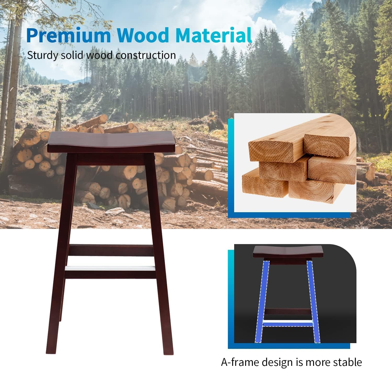 Solid Wood Saddle-Seat Kitchen Counter Barstools Set of 2, 30-Inch Height, Counter Height Bar Stools Wooden Stool Saddle Chair Tall Stool