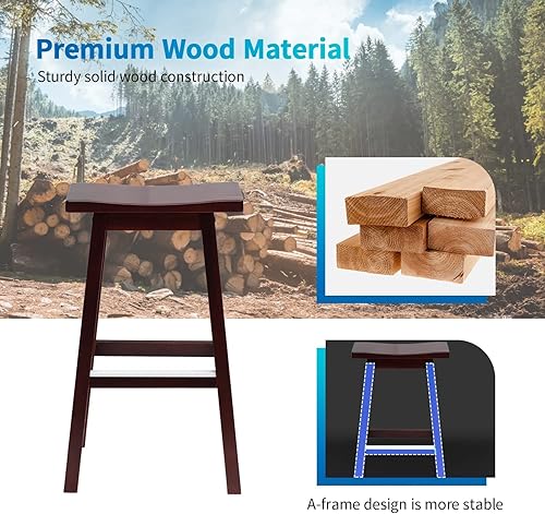 Miniatura 4 de Juego de 2 taburetes de madera maciza para encimera de cocina, 24 pulgadas de altura, taburetes de bar de altura de mostrador, taburete de madera,