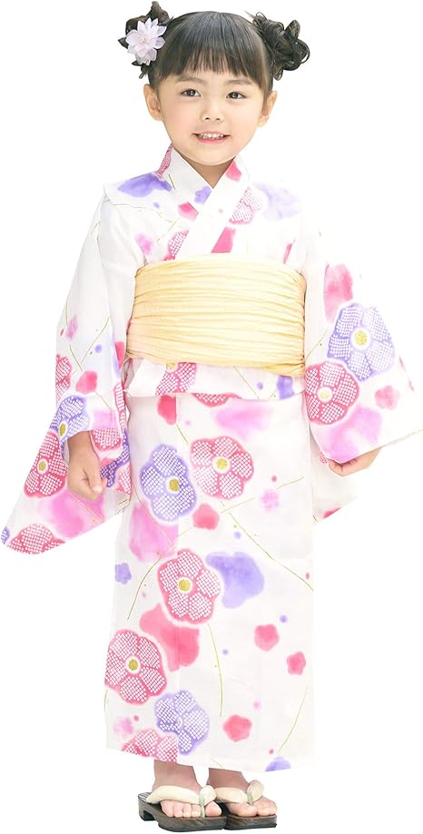 Amazon ソウビエン 浴衣セット 子供 2点 浴衣 帯 女の子 白 オフホワイト ピンク クリーム 梅 花 ラメ ボヌールセゾン 綿 兵児帯 クリーム 130cm 着物 浴衣 通販