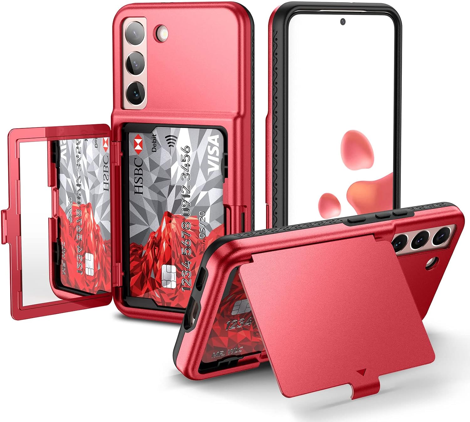 WeLoveCase Samsung Galaxy S22 Case Wallet Case with Credit Card Holder & Hidden Mirror, All-Round Protection Shockproof Phone Cover Designed for Samsung Galaxy S22 5G, 6.1 Inch Red