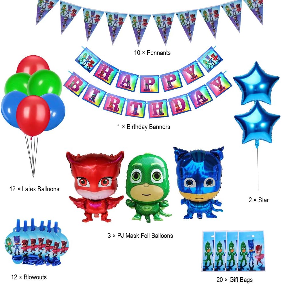230 Pcs PJ Msaks Party Decorations for 20 Guests, PJ Msaks Birthday Party Favors, Party Supplies Pack Includes Tableware, Napkins, Tablecloth, Banner, Pennant, Blowouts, Balloons, Cake Topper