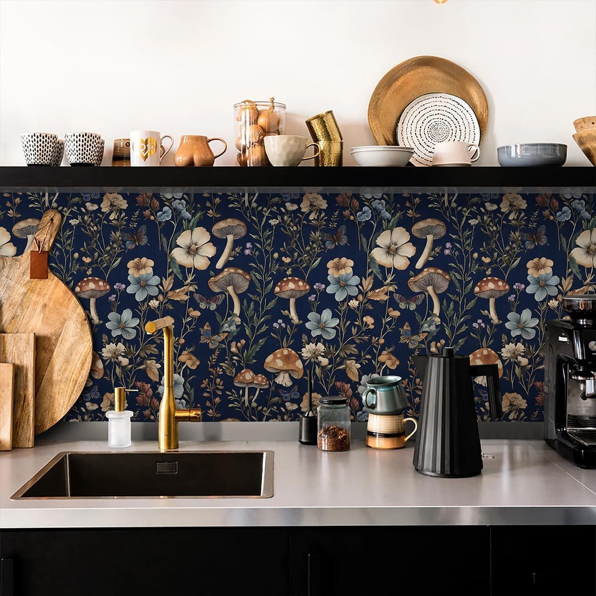 Froluya Mushroom Wallpaper Peel and Stick Dark Blue Floral Contact Paper 16.9" x 118.1 Navy Peel and Stick Wallpaper for Bathroom Vintage Boho Self Adhesive Removable Wall Paper for Kitchen Cabinets