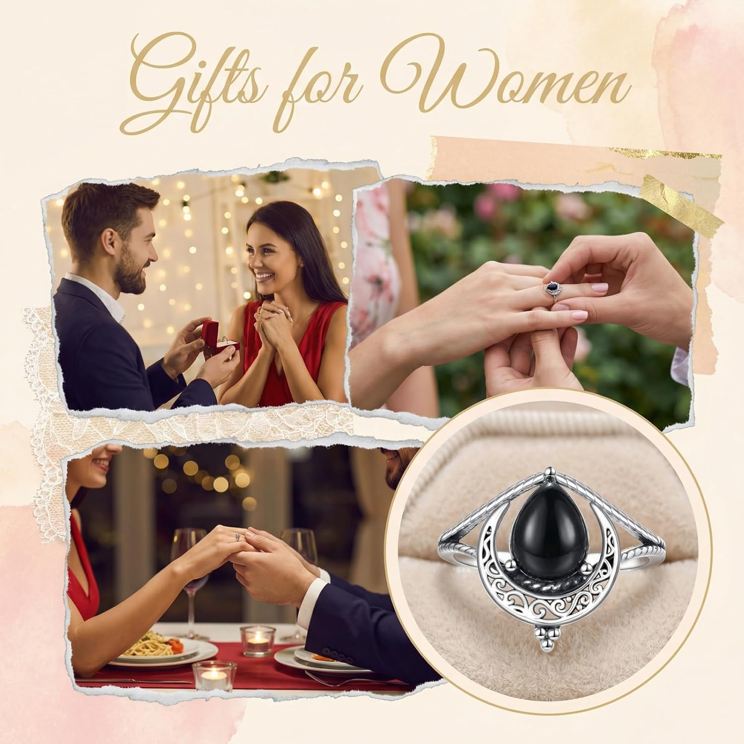 Vintage Natural Black Onyx Moon Ring 925 Sterling Silver Retro Filigree Crescent Black Agate Teardrop Ring Jewelry Gifts for Women Her US Size 5-13