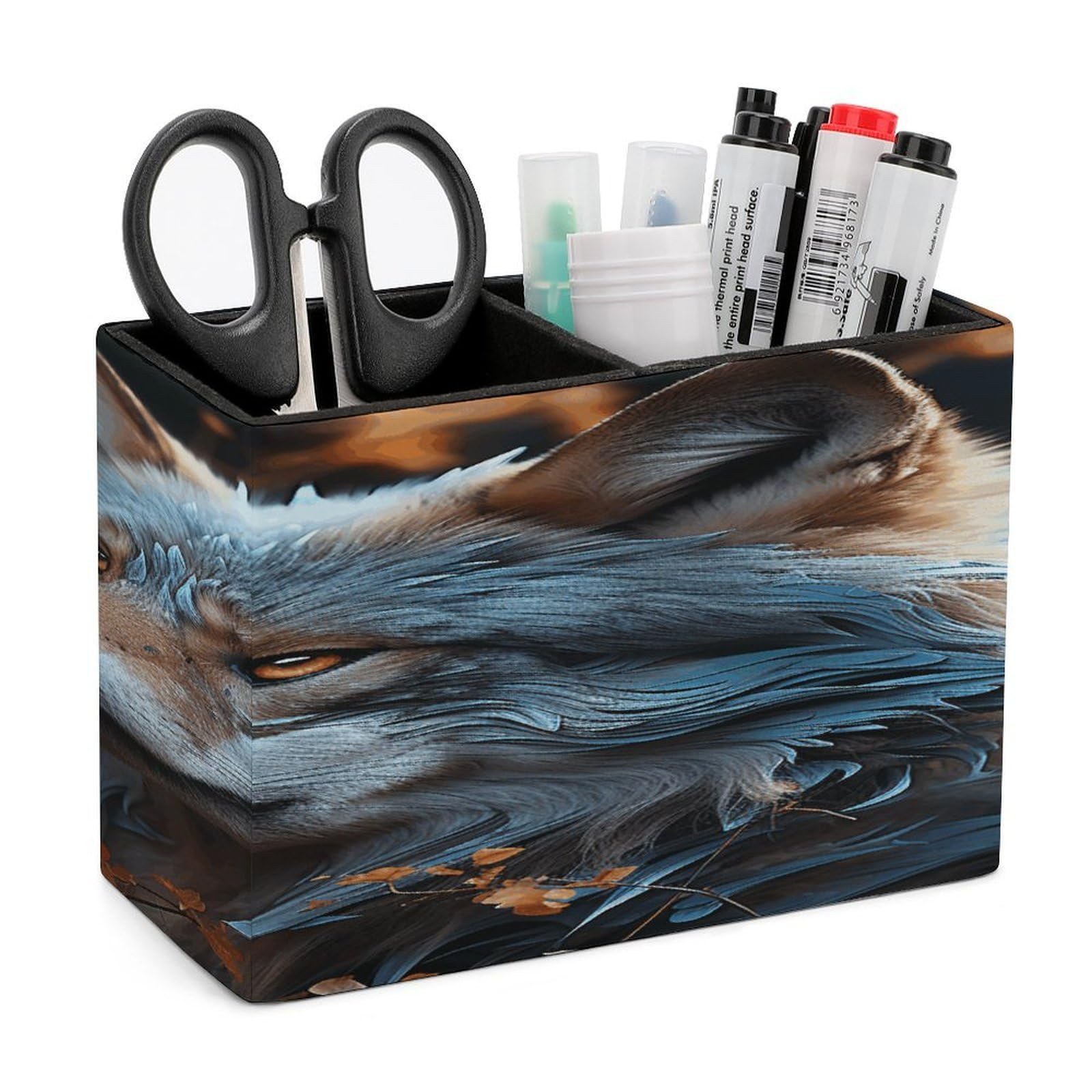 VstaDank Autumn Leaves And A Wolf Pen Holder Double Compartments Pen Cup Fashion Makeup Brush Holders Leather Pencil Holder for Work Locker Accessories Modern Pencil Cup for Desk Organizer
