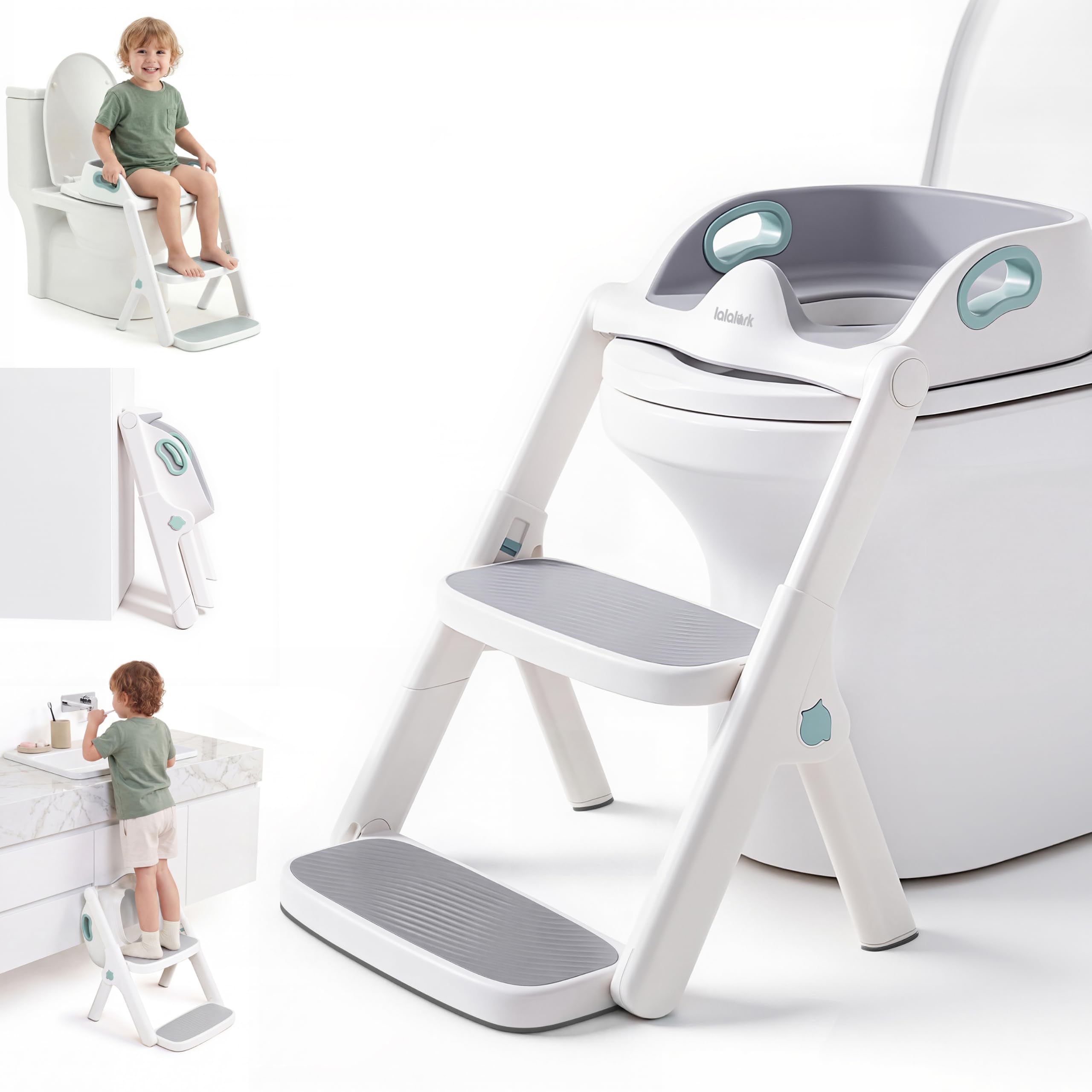lalalark Toilettensitz Kinder mit Treppe, 2-in-1 Kleinkind-Toilettensitz, Töpfchen Tritthocker für Kleinkind mit Anti-Rutsch-Pad Tritthocker, Erweiterter Spritzschutz, Faltbare Töpfchenleiter